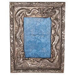 Antique Japanese Meiji Solid Silver Repousse Dragon Photo Picture Frame 1900