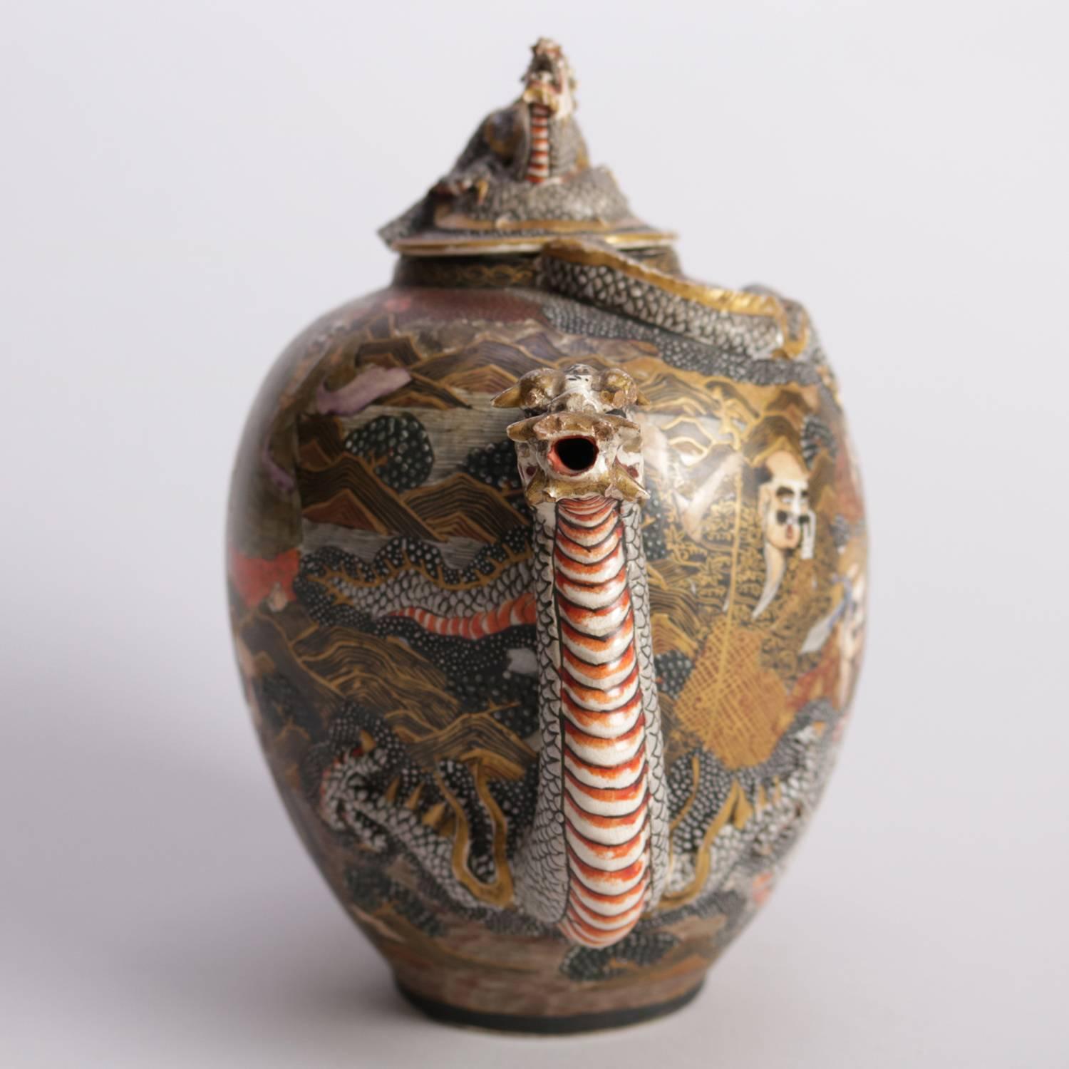 Gilt Antique Japanese Meiji Thousand Faces Koto Dragon Tea Pot, Chop Marks