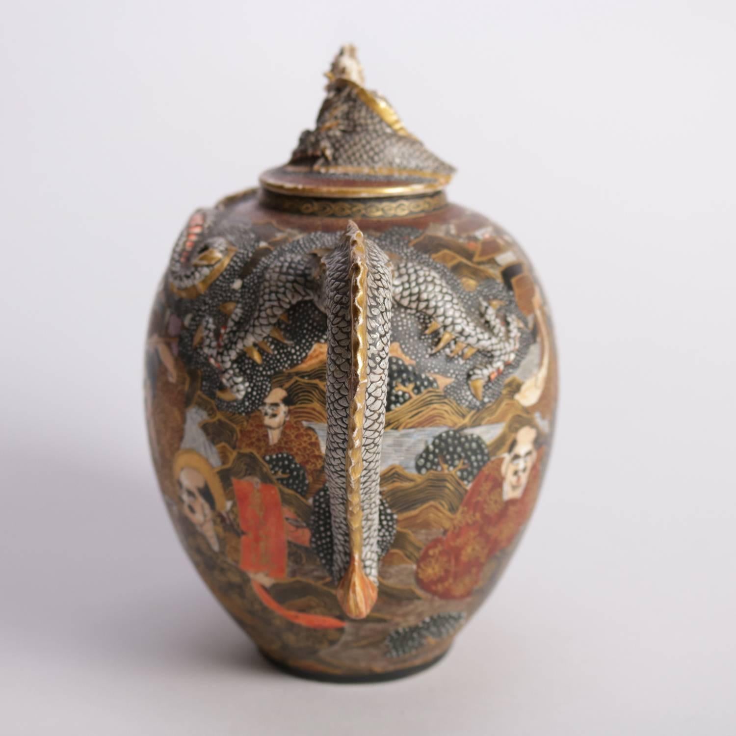 Antique Japanese Meiji Thousand Faces Koto Dragon Tea Pot, Chop Marks In Good Condition In Big Flats, NY