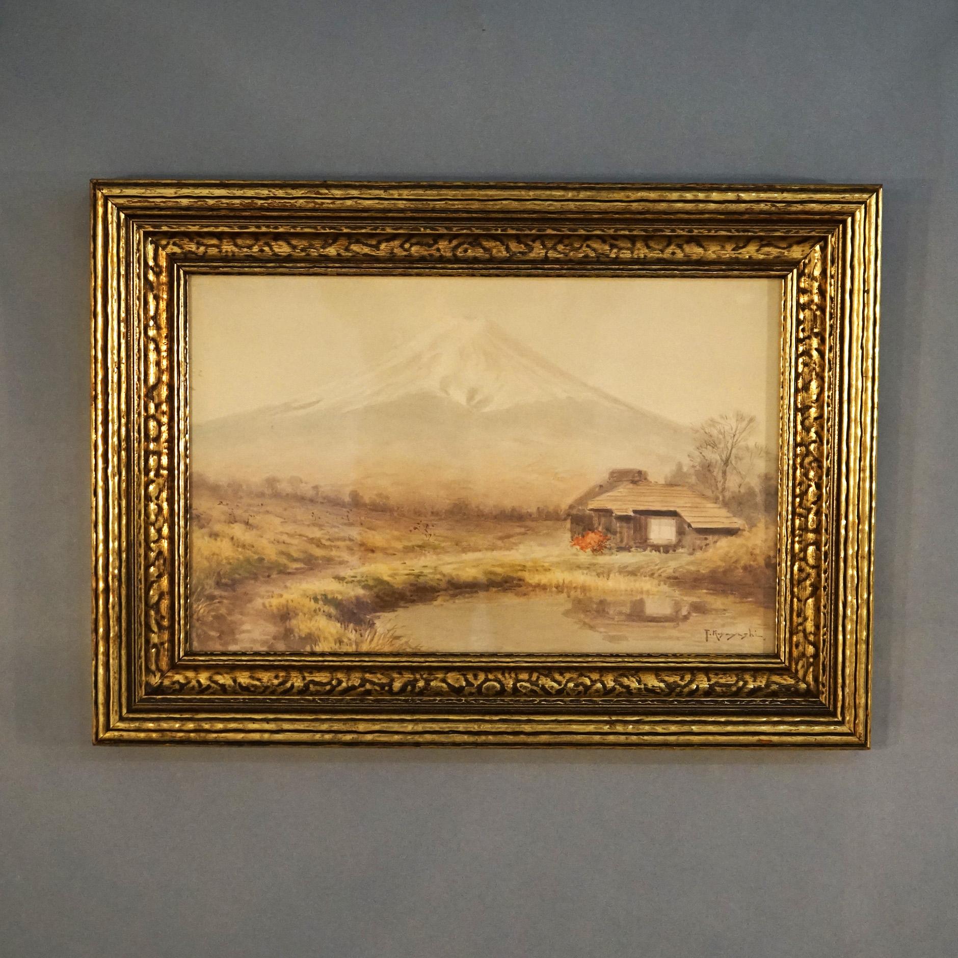 Antique Japanese Meiji Watercolor of Mt. Fuji with a Structure by T. Kobayashi c1920

Measures - overall 18