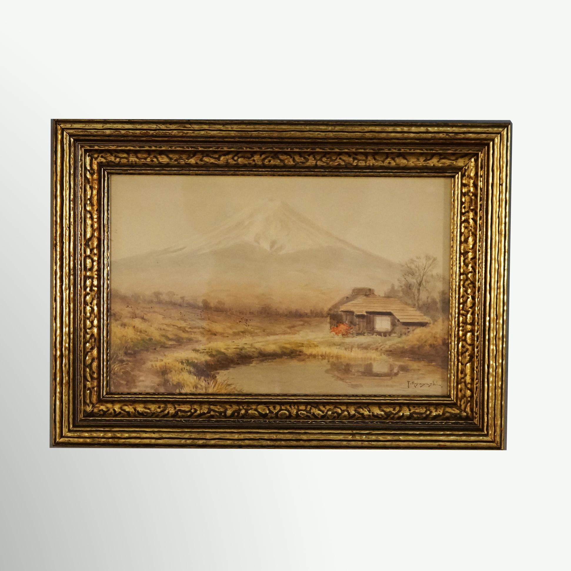 Hand-Painted Antique Japanese Meiji Watercolor of Mt. Fuji by T. Kobayashi c1920 For Sale