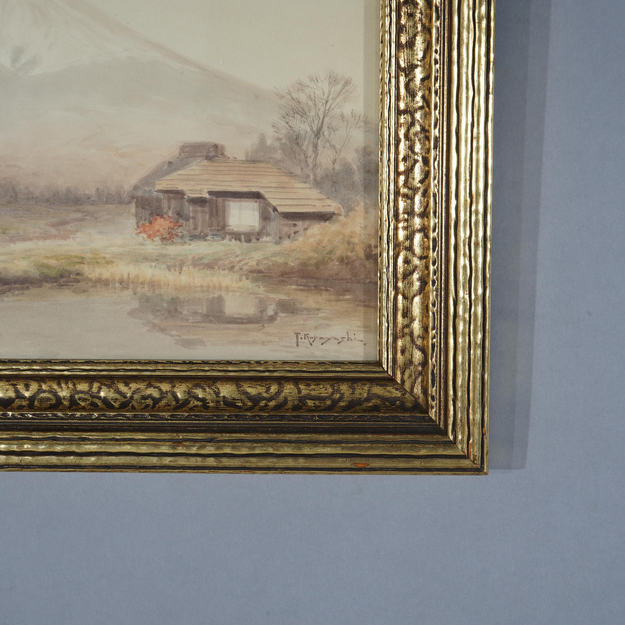 20th Century Antique Japanese Meiji Watercolor of Mt. Fuji by T. Kobayashi c1920 For Sale