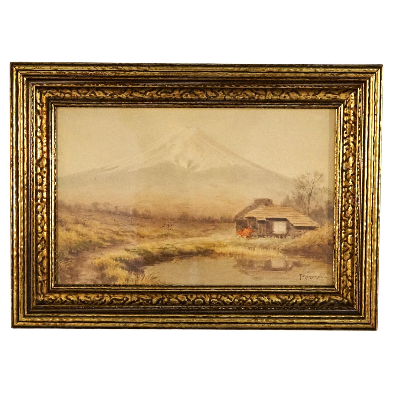 Antique Japanese Meiji Watercolor of Mt. Fuji by T. Kobayashi c1920 For Sale