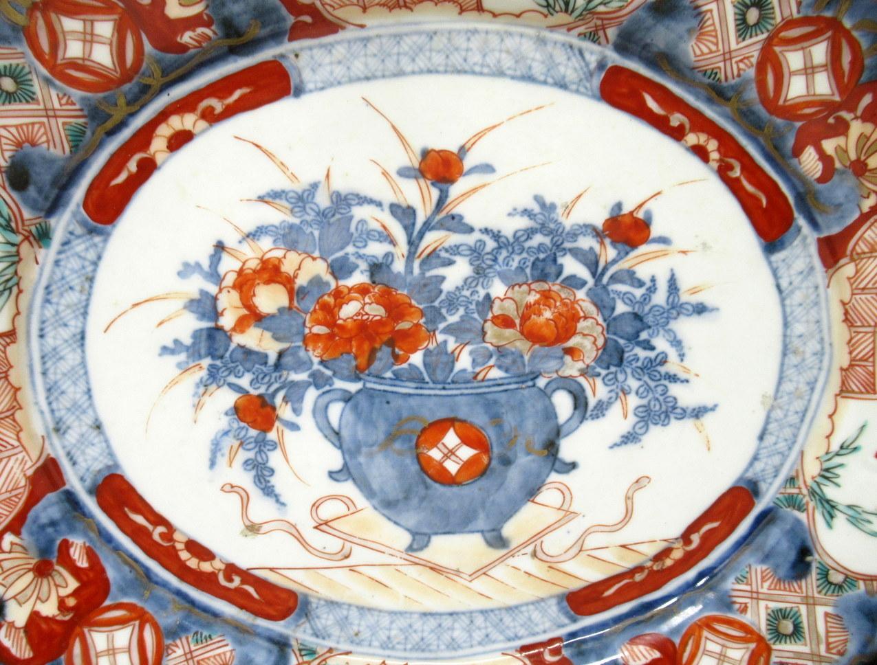 Anglo-Japanese Antique Japanese Meji Hand Painted Imari Dish Centerpiece Plate Cobalt Blue Red