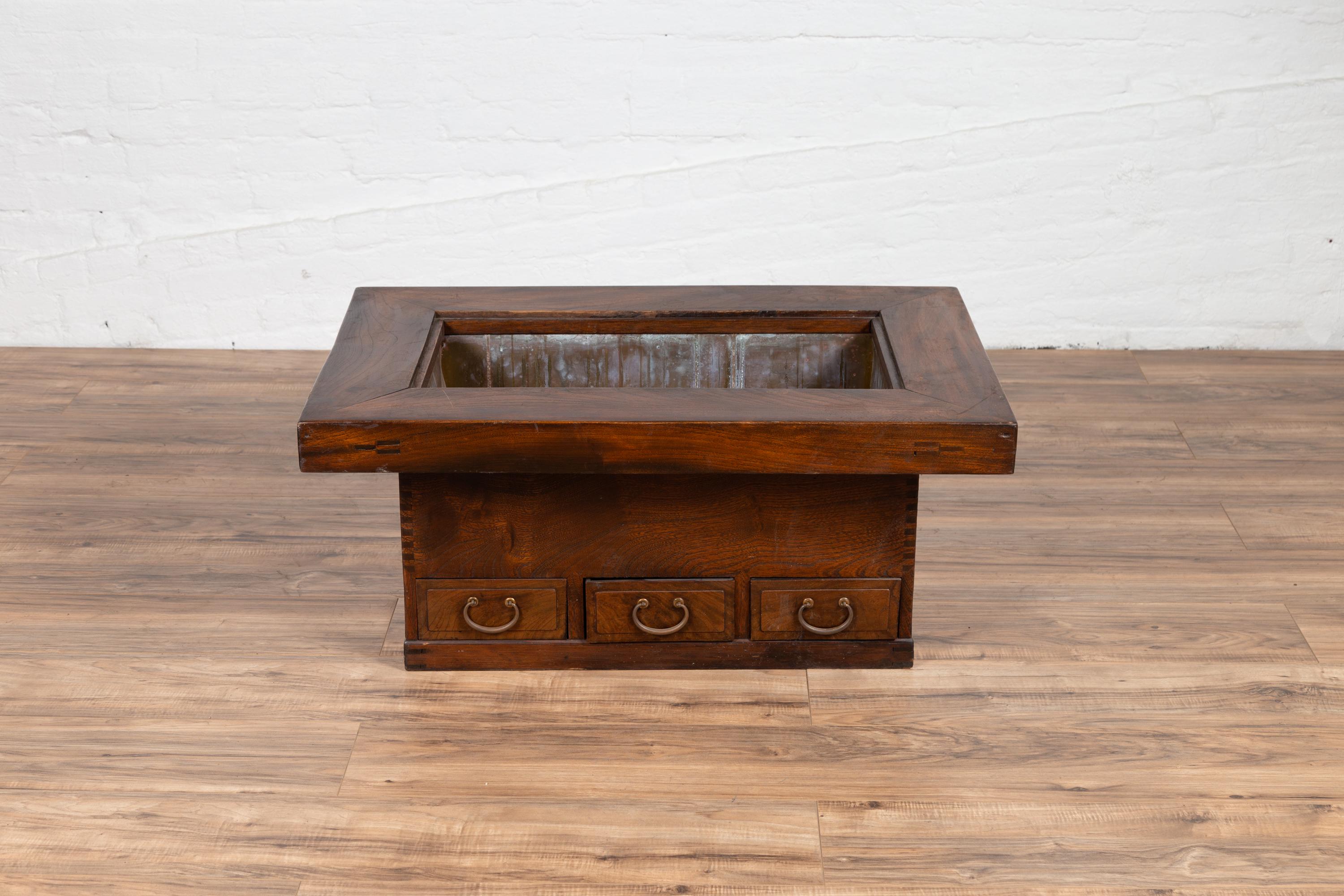 19th Century Antique Japanese Meiji Period Keyaki Wood Hibachi with Copper Liner and Drawers
