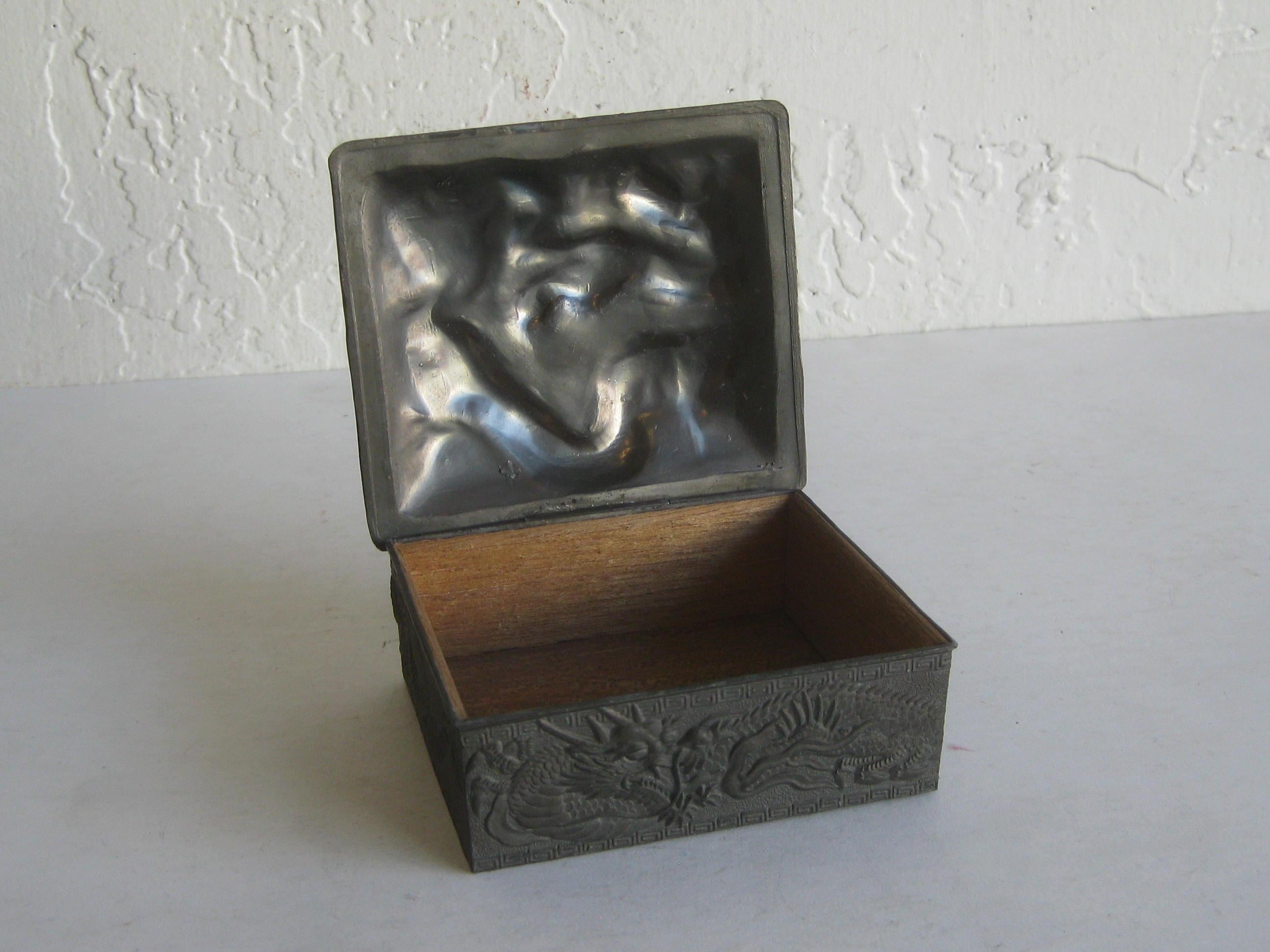 Antique Japanese Metal Relief Dragon Design Lidded Stash Cigarette Tobacco Box 3