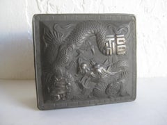 Antique Japanese Metal Relief Dragon Design Lidded Stash Cigarette Tobacco Box