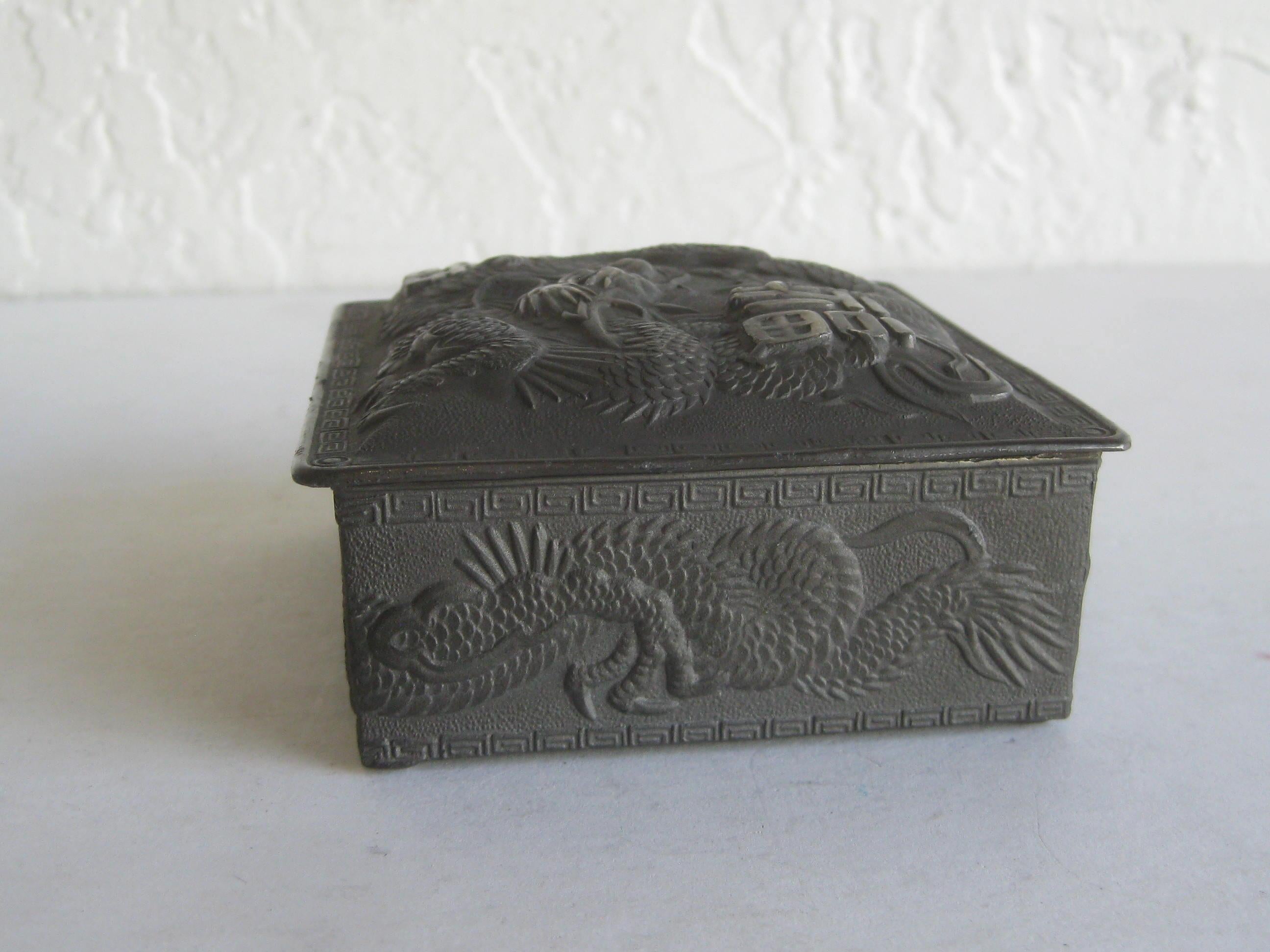 20th Century Antique Japanese Metal Relief Dragon Design Lidded Stash Cigarette Tobacco Box