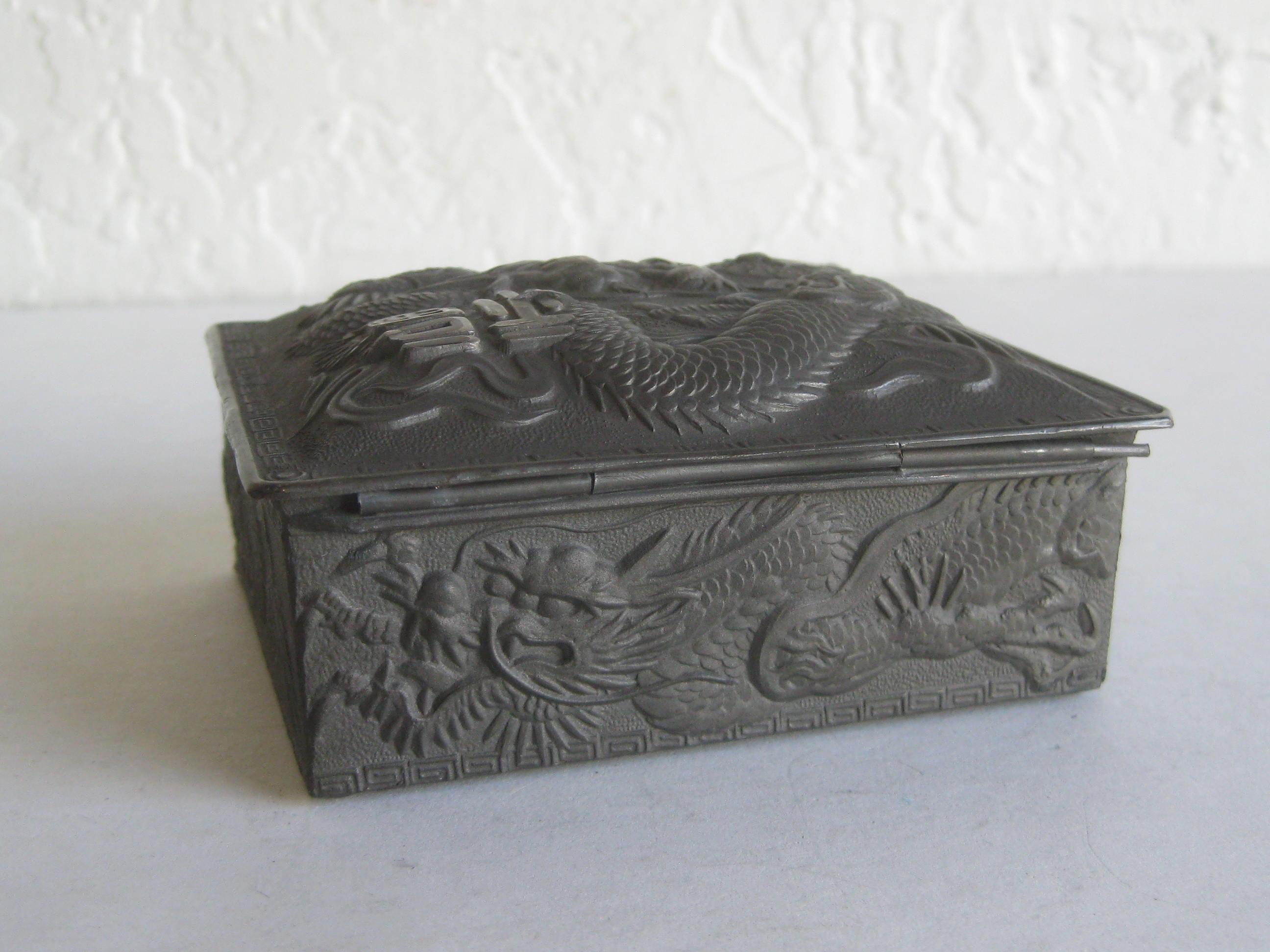 Antique Japanese Metal Relief Dragon Design Lidded Stash Cigarette Tobacco Box 1