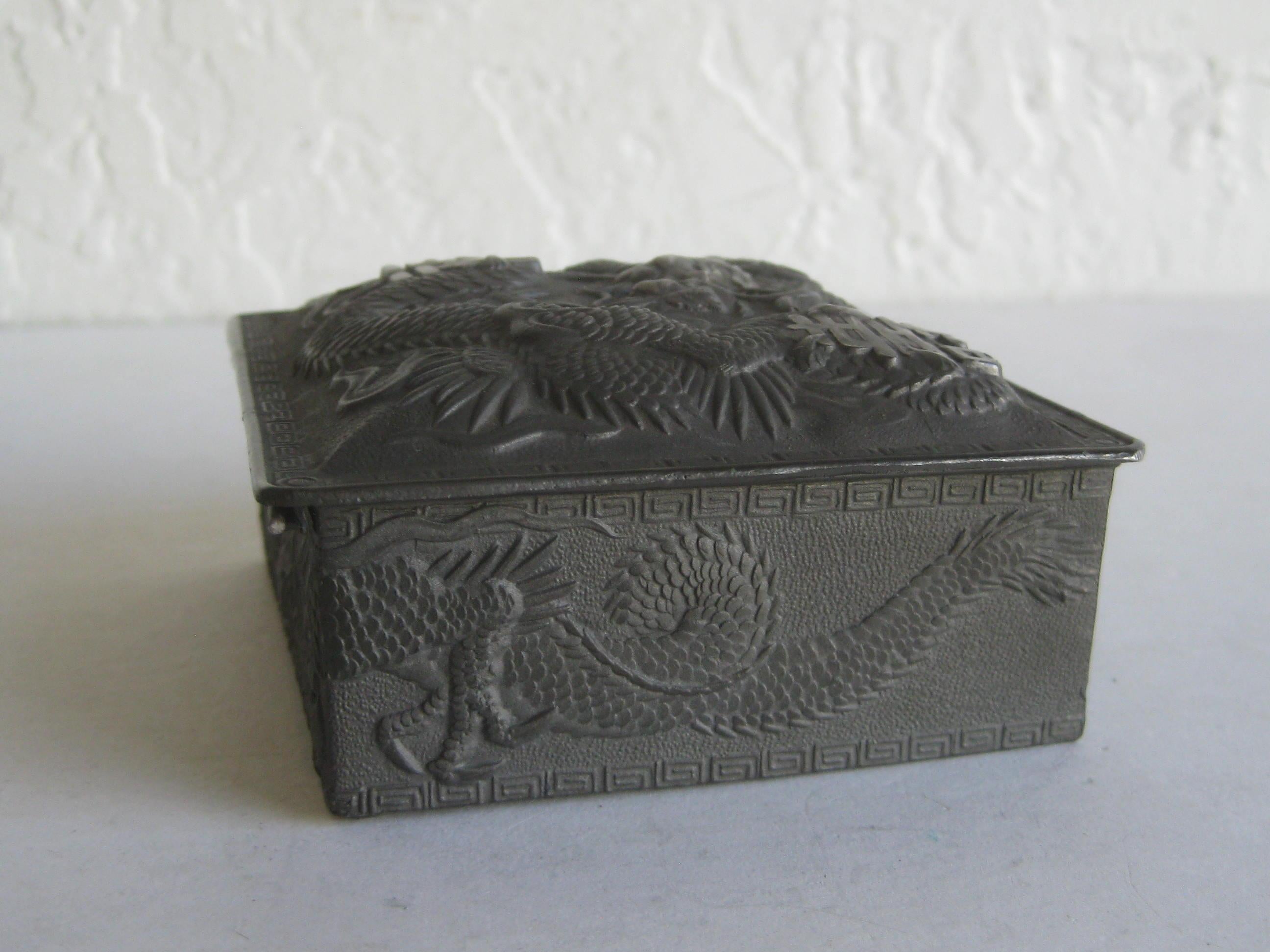 Antique Japanese Metal Relief Dragon Design Lidded Stash Cigarette Tobacco Box 2