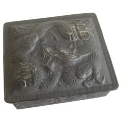 Antique Japanese Metal Relief Dragon Design Lidded Stash Cigarette Tobacco Box