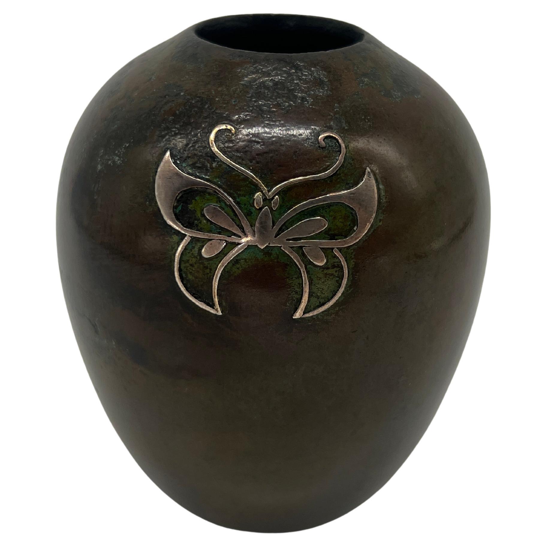 Antique Japanese Miniature Bronze & Sterling Overlay Butterfly Vase - Signed