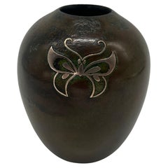 Antique Japanese Miniature Bronze & Sterling Overlay Butterfly Vase - Signed