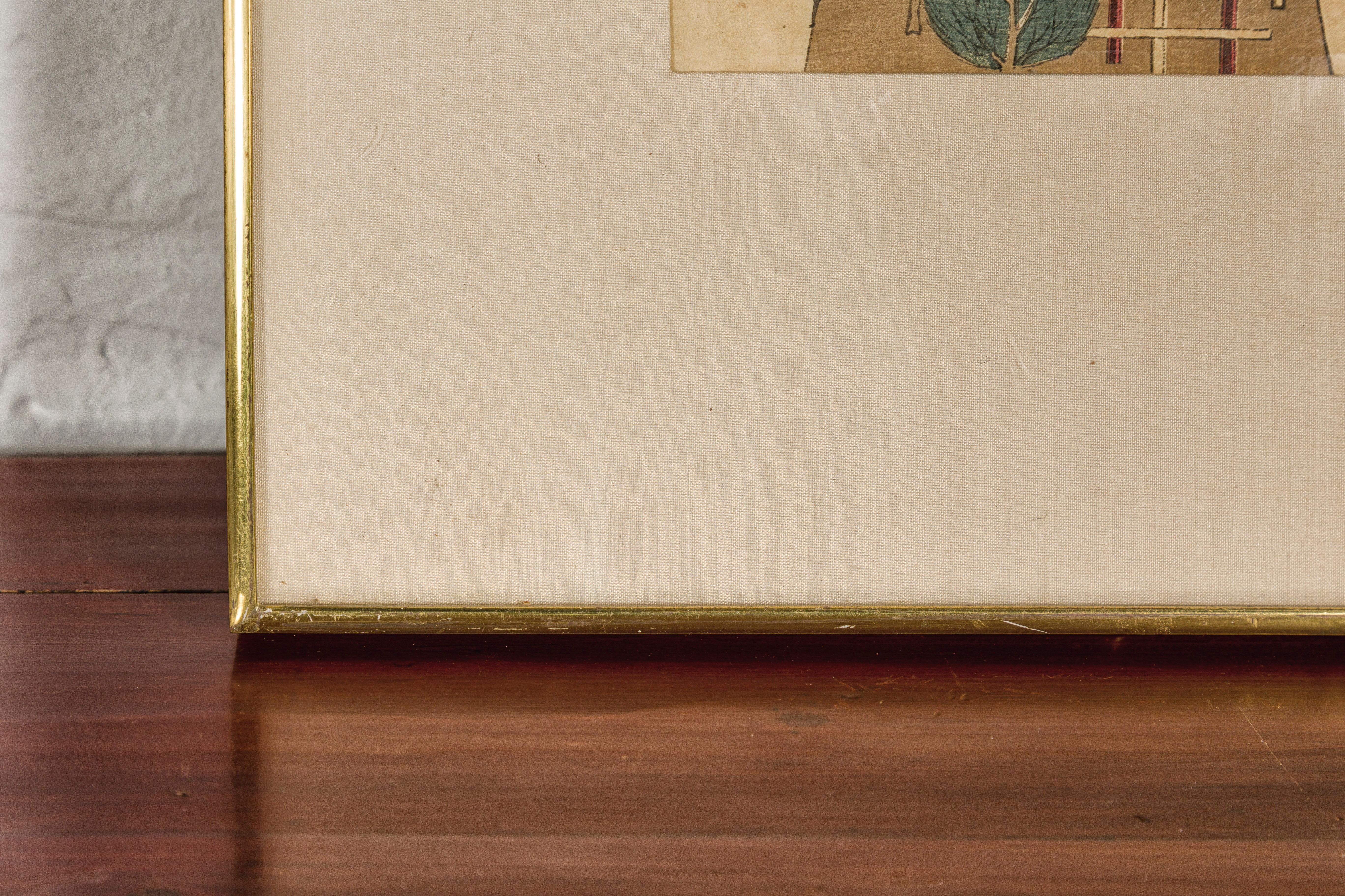 Impression japonaise minimaliste ancienne sur bois avec oiseaux et arbres dans un cadre personnalisé en vente 5