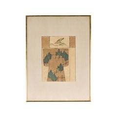 Antique Japanese Minimalist Woodblock Print with Bird and Trees in Custom Frame