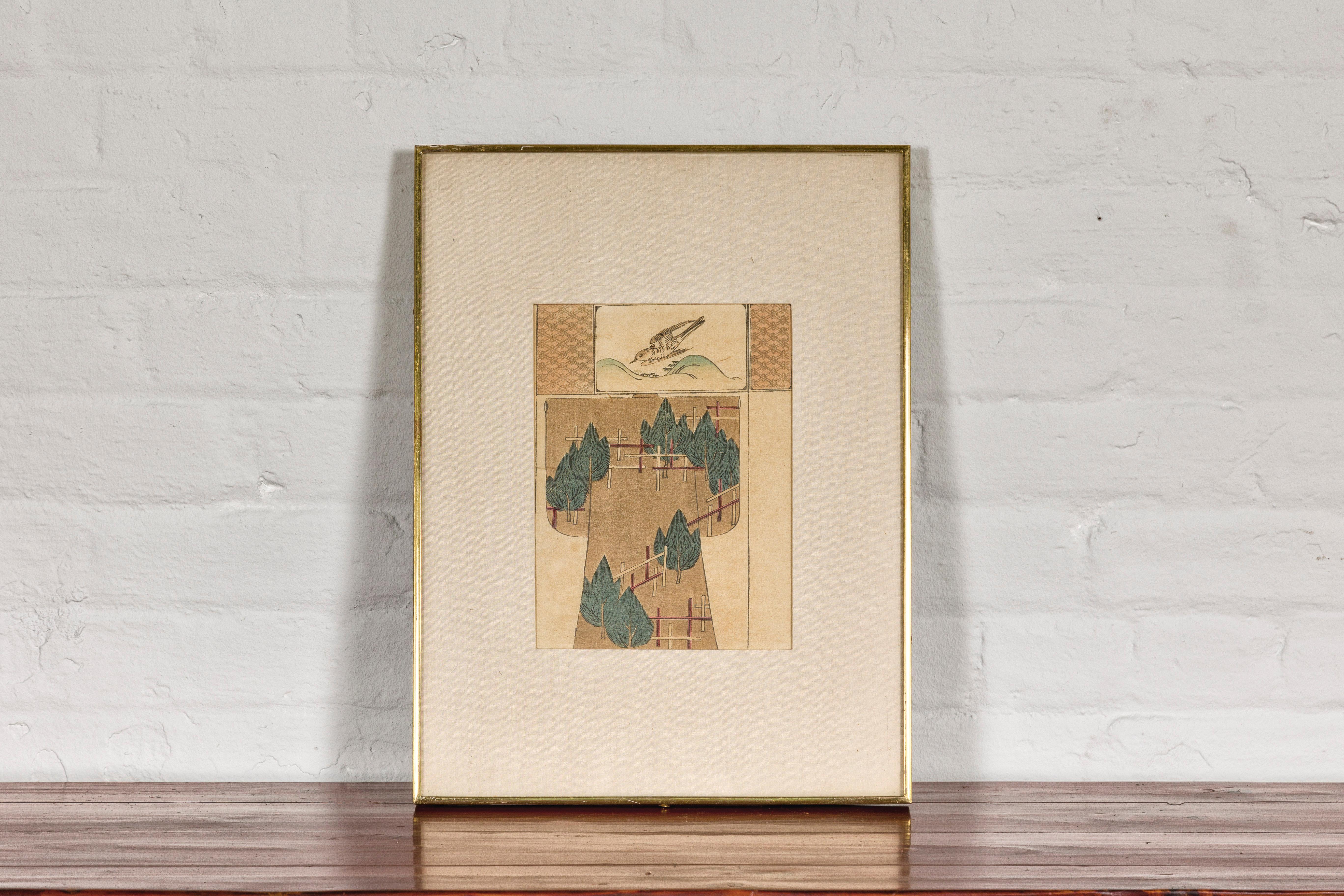 Antiker japanischer minimalistischer Holzschnitt-Druck mit Vogel und Bäumen in maßgefertigtem Rahmen (Japanisch) im Angebot