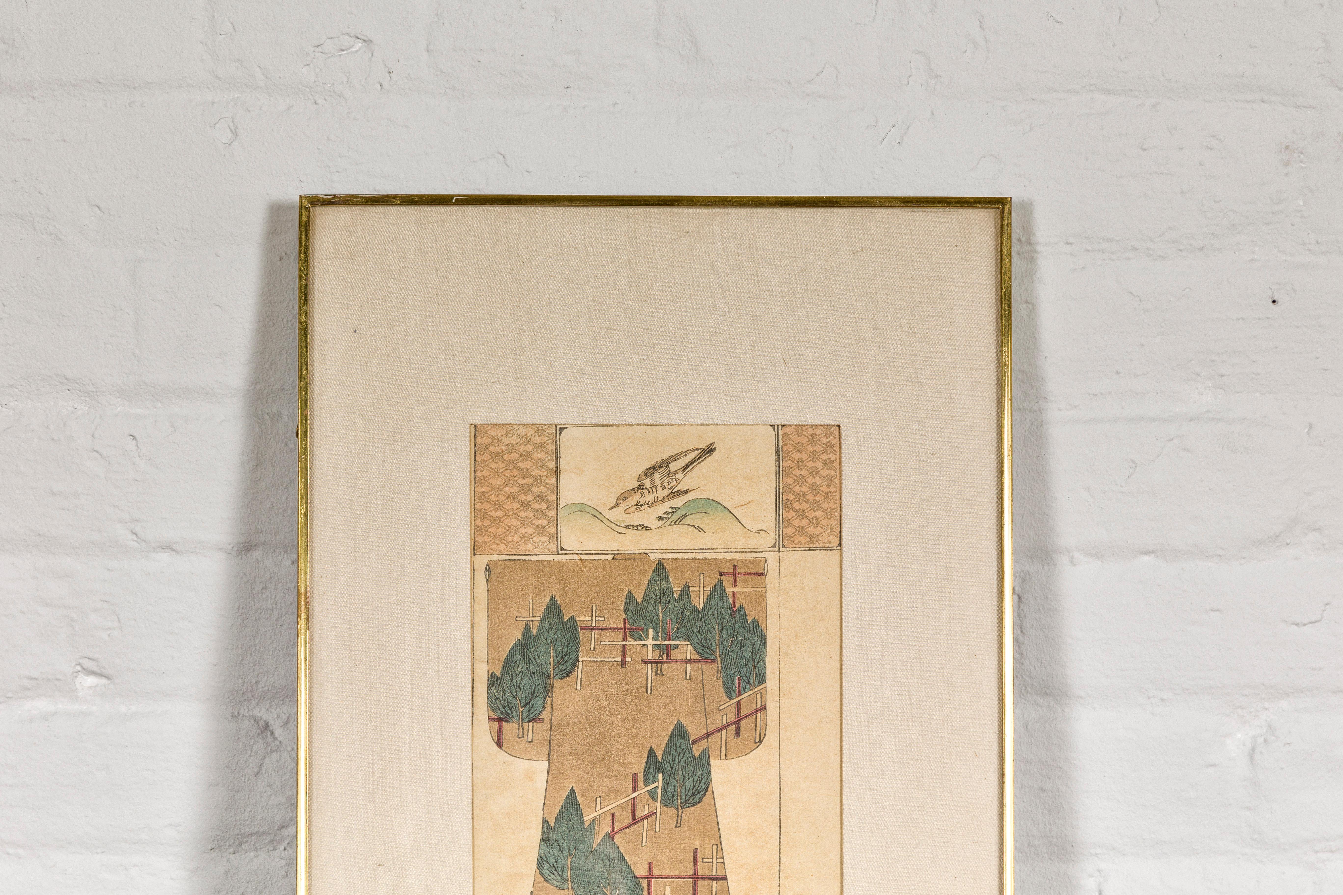 Antiker japanischer minimalistischer Holzschnitt-Druck mit Vogel und Bäumen in maßgefertigtem Rahmen im Zustand „Gut“ im Angebot in Yonkers, NY