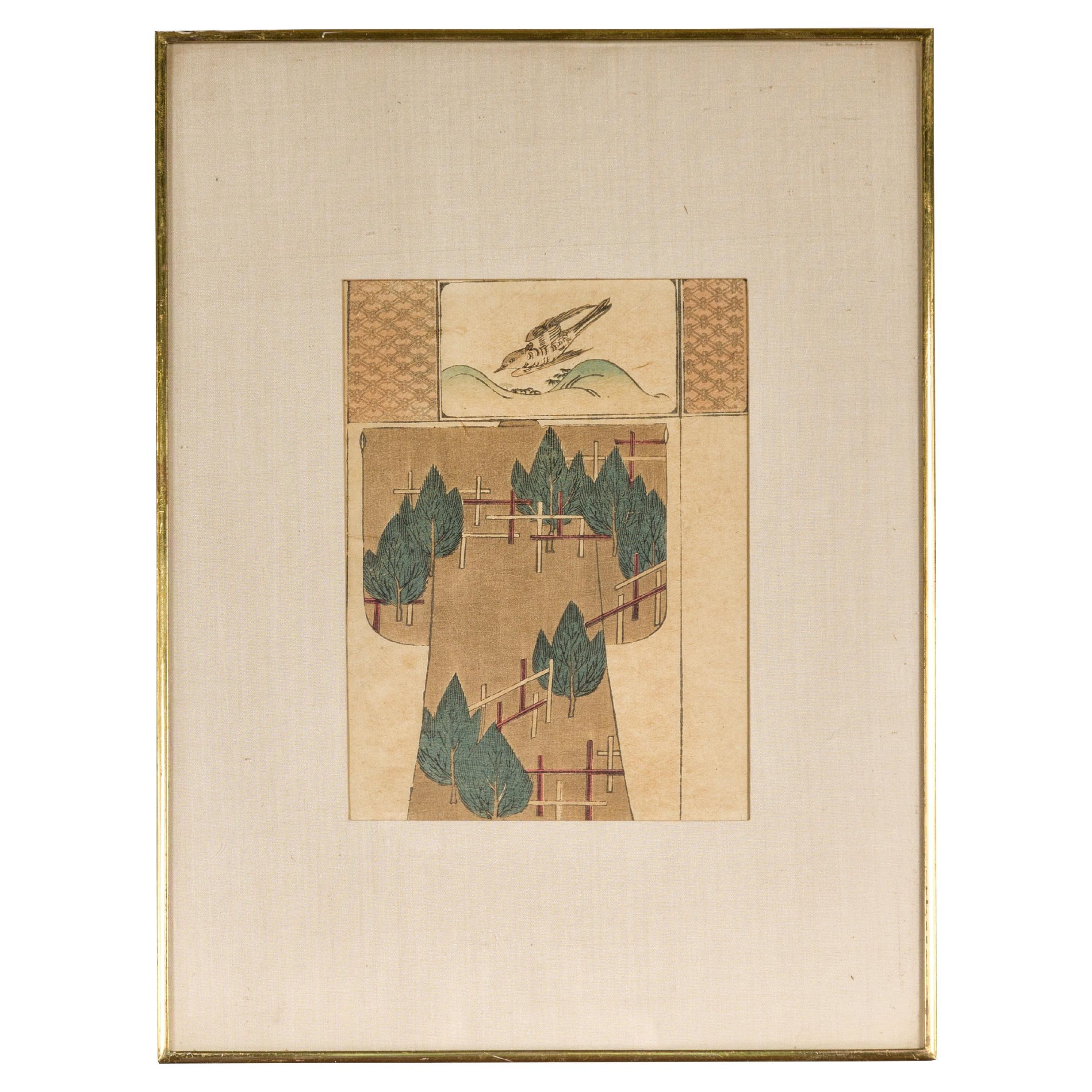 Antiker japanischer minimalistischer Holzschnitt-Druck mit Vogel und Bäumen in maßgefertigtem Rahmen im Angebot