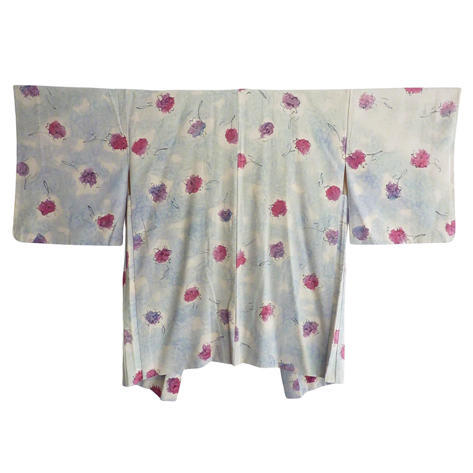 Circa: Meiji
Place of Origin: Japan
Material: Silk
Condition: Very good
Blue gray misty puffy clouds and hand-sketched flowers all silk kimono is handmade in old Japan.
Some loose threads and age spots. Will leave it to new owner to refresh.
Total