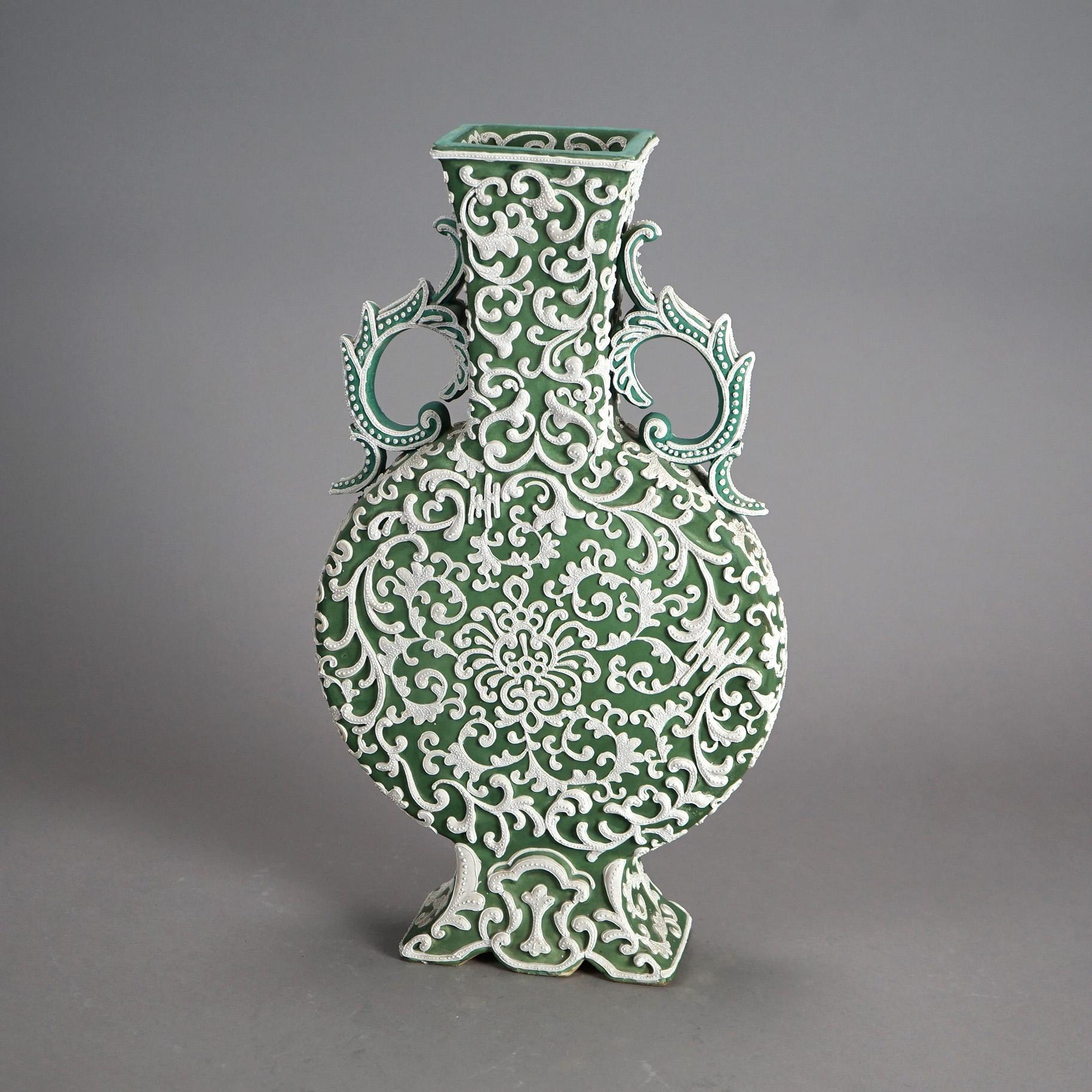 Antique Japanese Moriage Green Pottery Pillow Vase C1920 In Good Condition For Sale In Big Flats, NY
