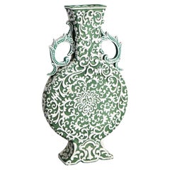 Retro Japanese Moriage Green Pottery Pillow Vase C1920