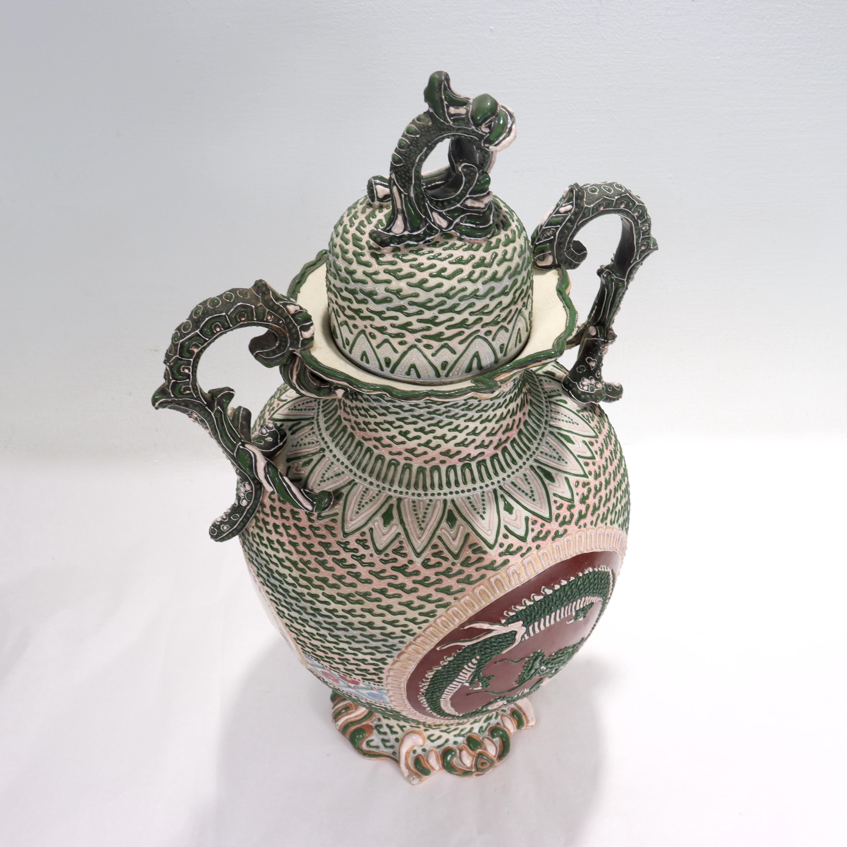Antique Japanese Moriage Nippon Porcelain Vase or Covered Jar For Sale 4