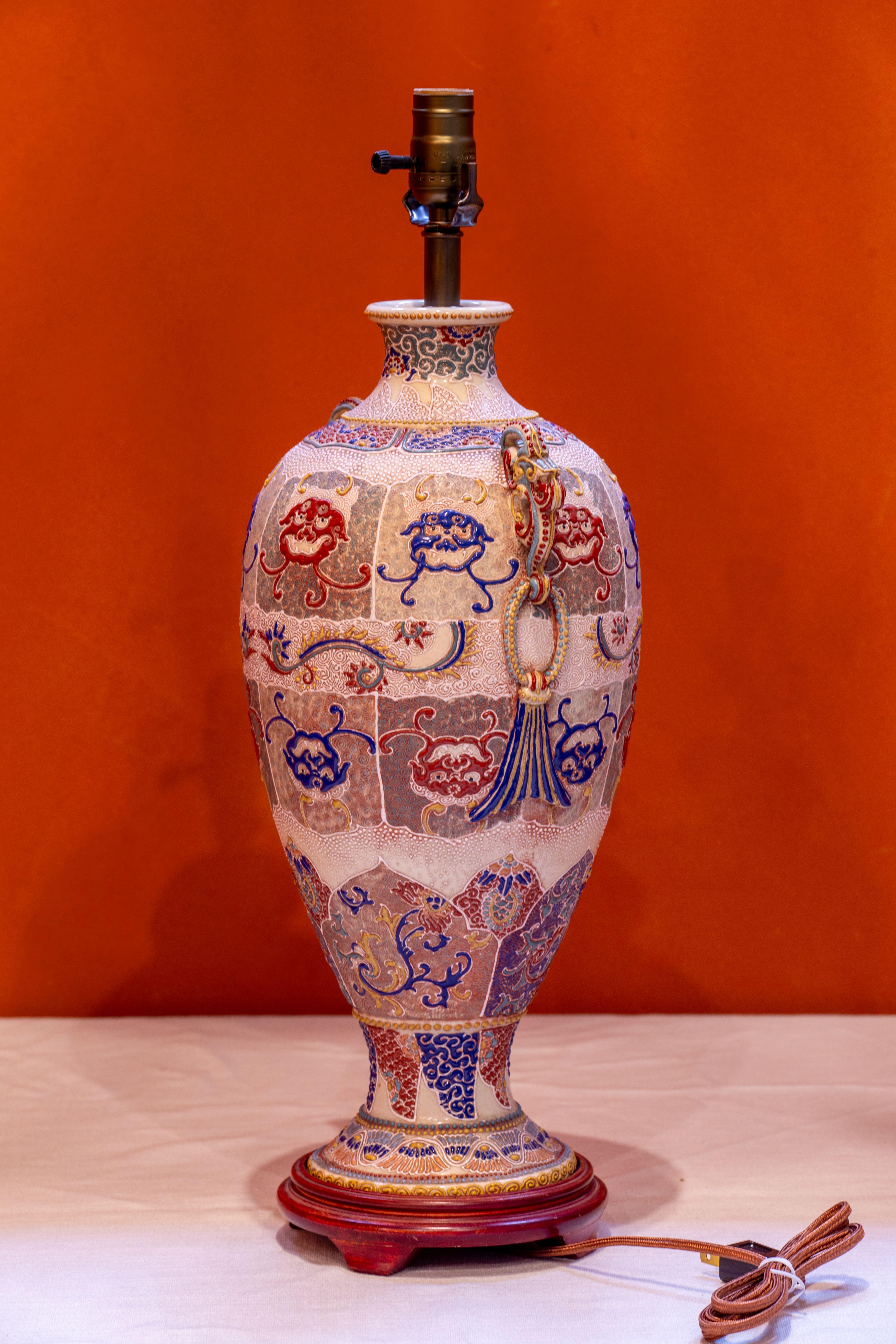 Japonisme Antique Japanese Moriage Table Lamp of Exceptional Quality and with Heavy Beadin For Sale