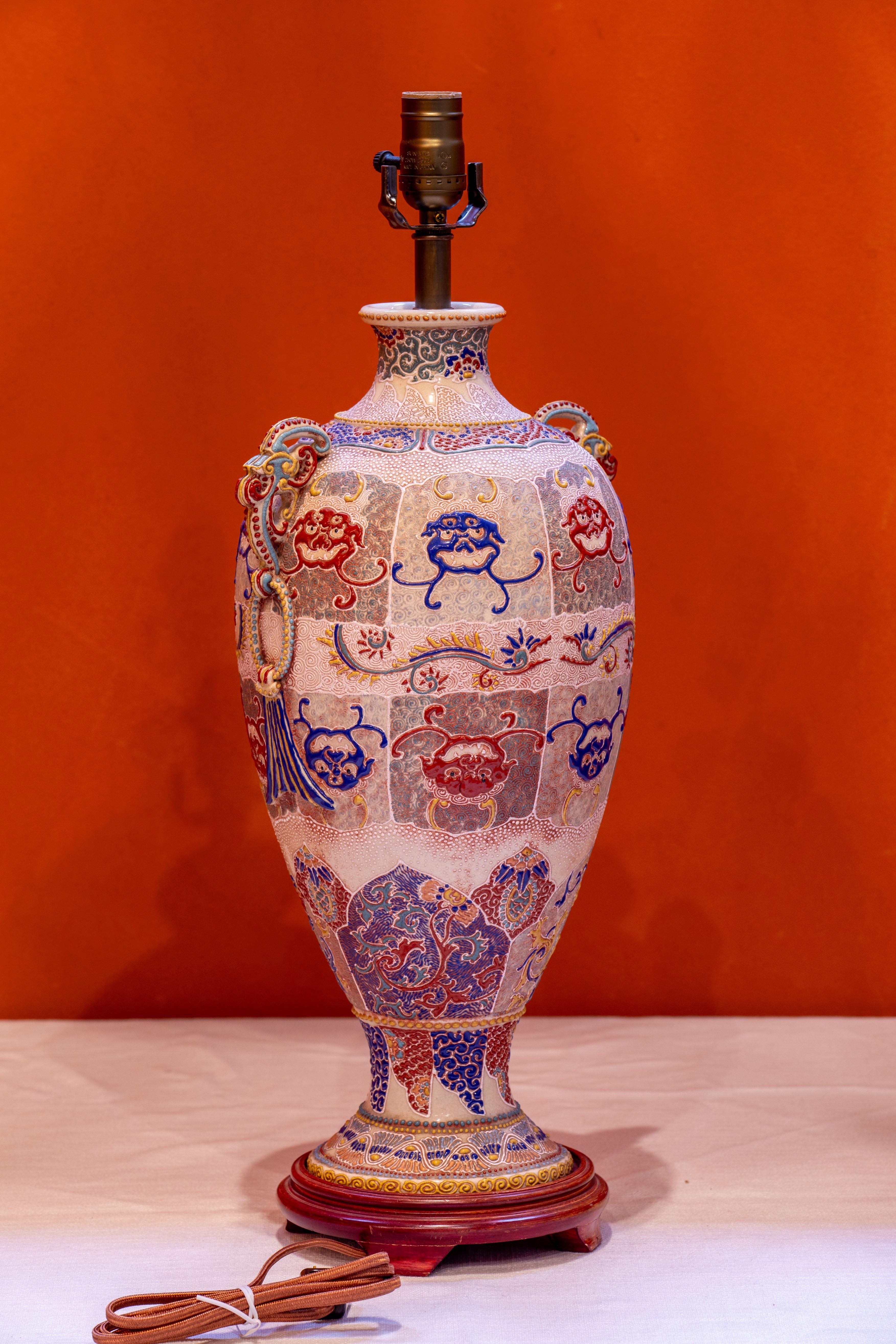 Hand-Painted Antique Japanese Moriage Table Lamp of Exceptional Quality and with Heavy Beadin For Sale