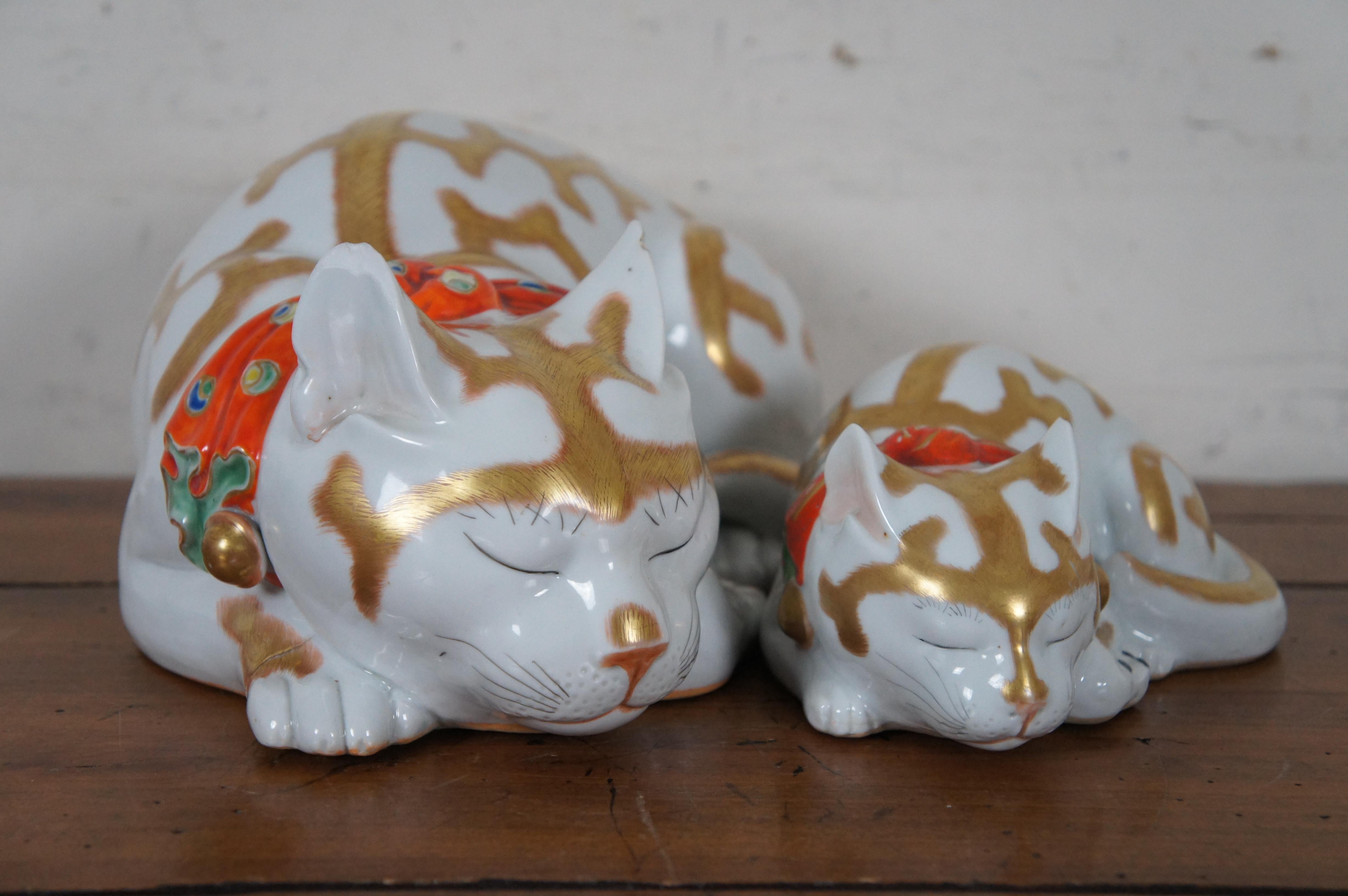 Antique Japanese Nemuri Neko Kutani Porcelain Imari Cat Kitten Figurines 12