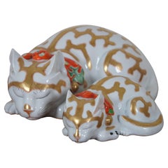 Antique Japanese Nemuri Neko Kutani Porcelain Imari Cat Kitten Figurines 12"