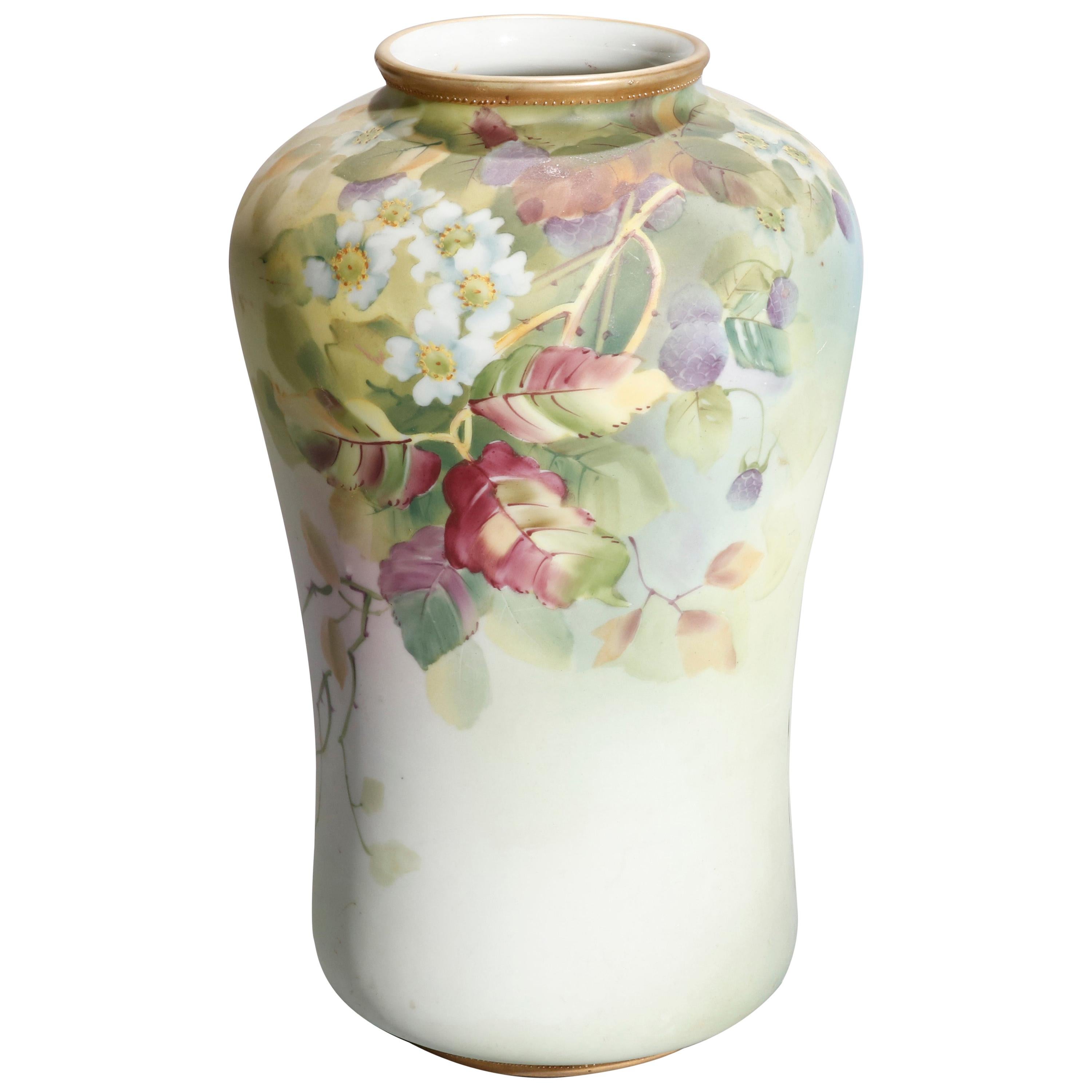 Antique Japanese Nippon Hand Painted Floral and Gilt Porcelain Vase, circa 1920