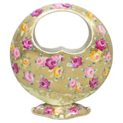 Antique Japanese Nippon Hand Painted Porcelain Gold Gilt Handle Moon Basket Vase