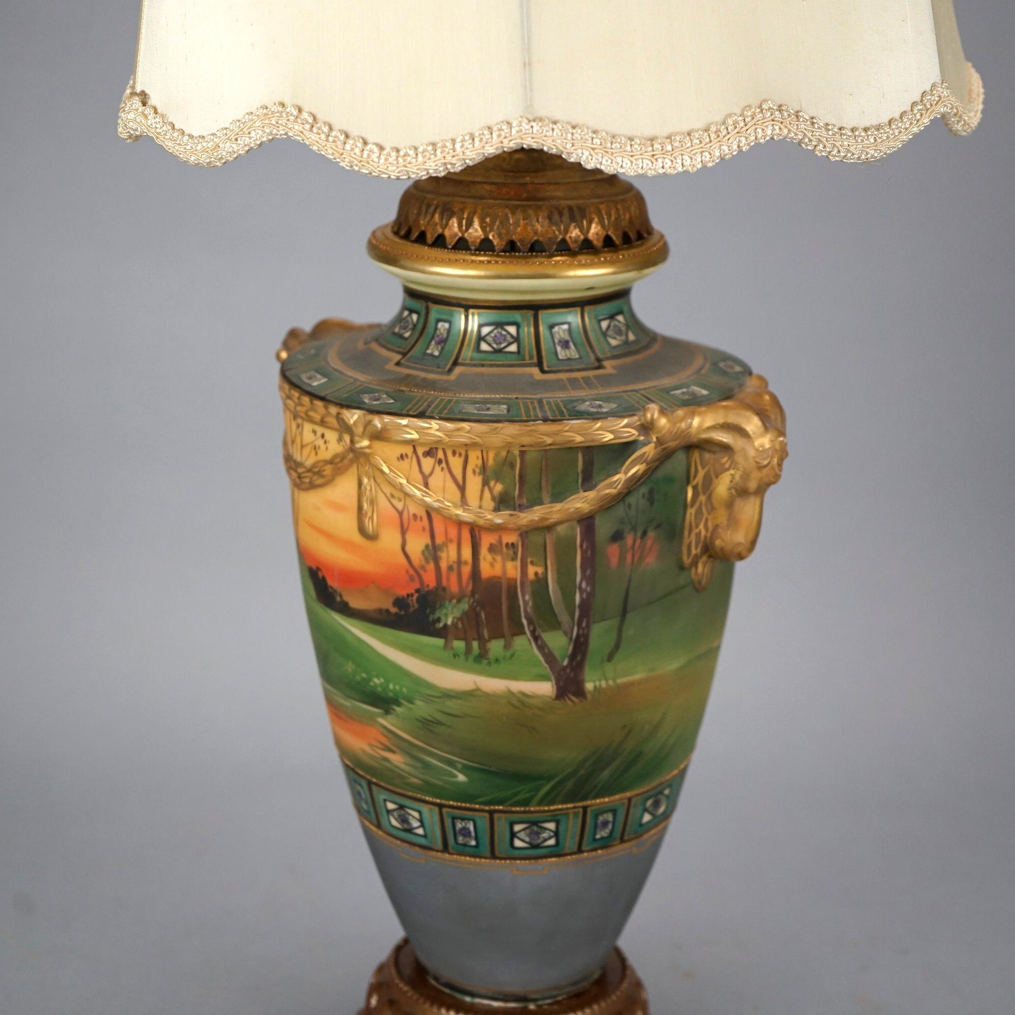 Antique Japanese Nippon Scenic Hand Painted & Gilt Porcelain Figural Lamp, c1920 In Good Condition In Big Flats, NY