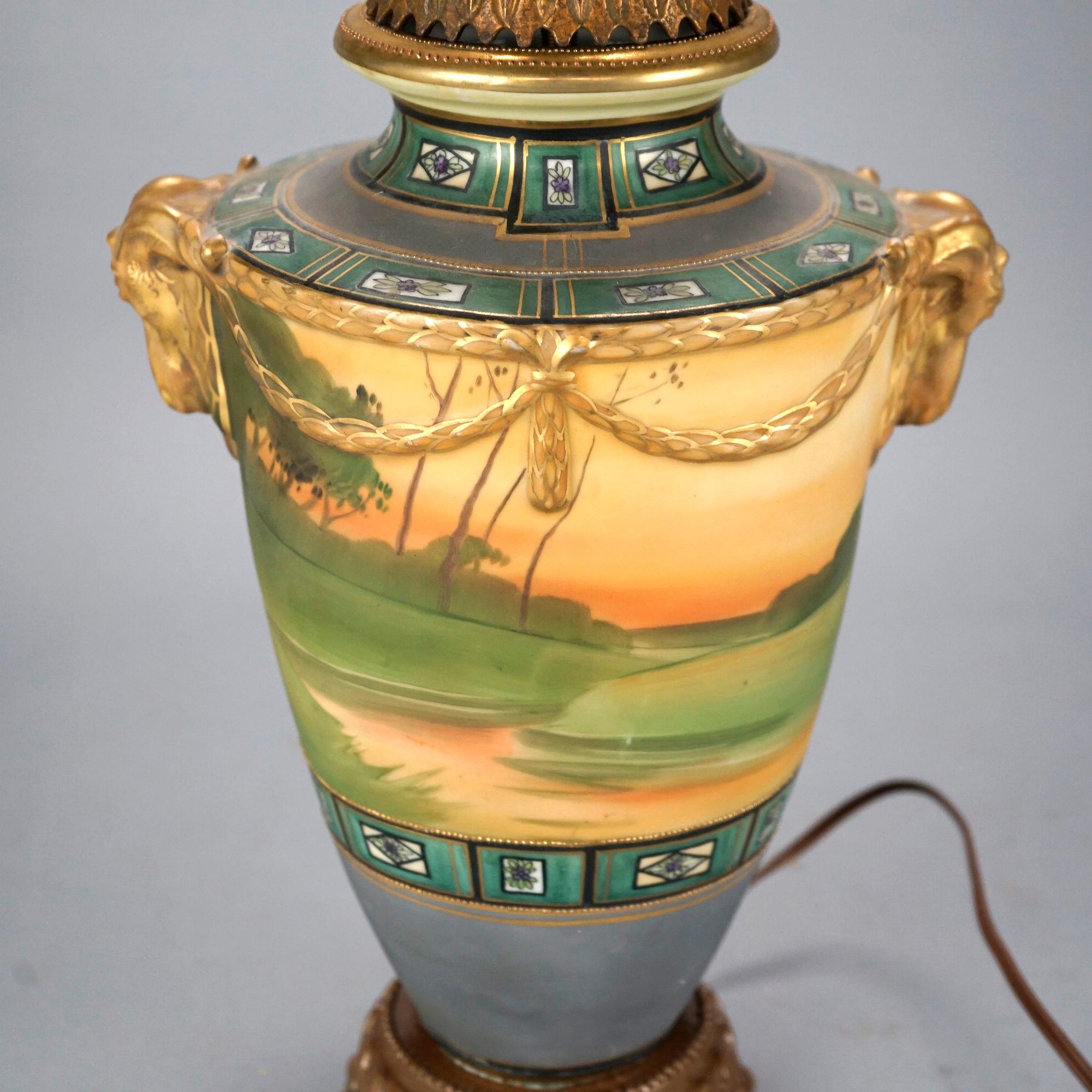 20th Century Antique Japanese Nippon Scenic Hand Painted & Gilt Porcelain Figural Lamp, c1920