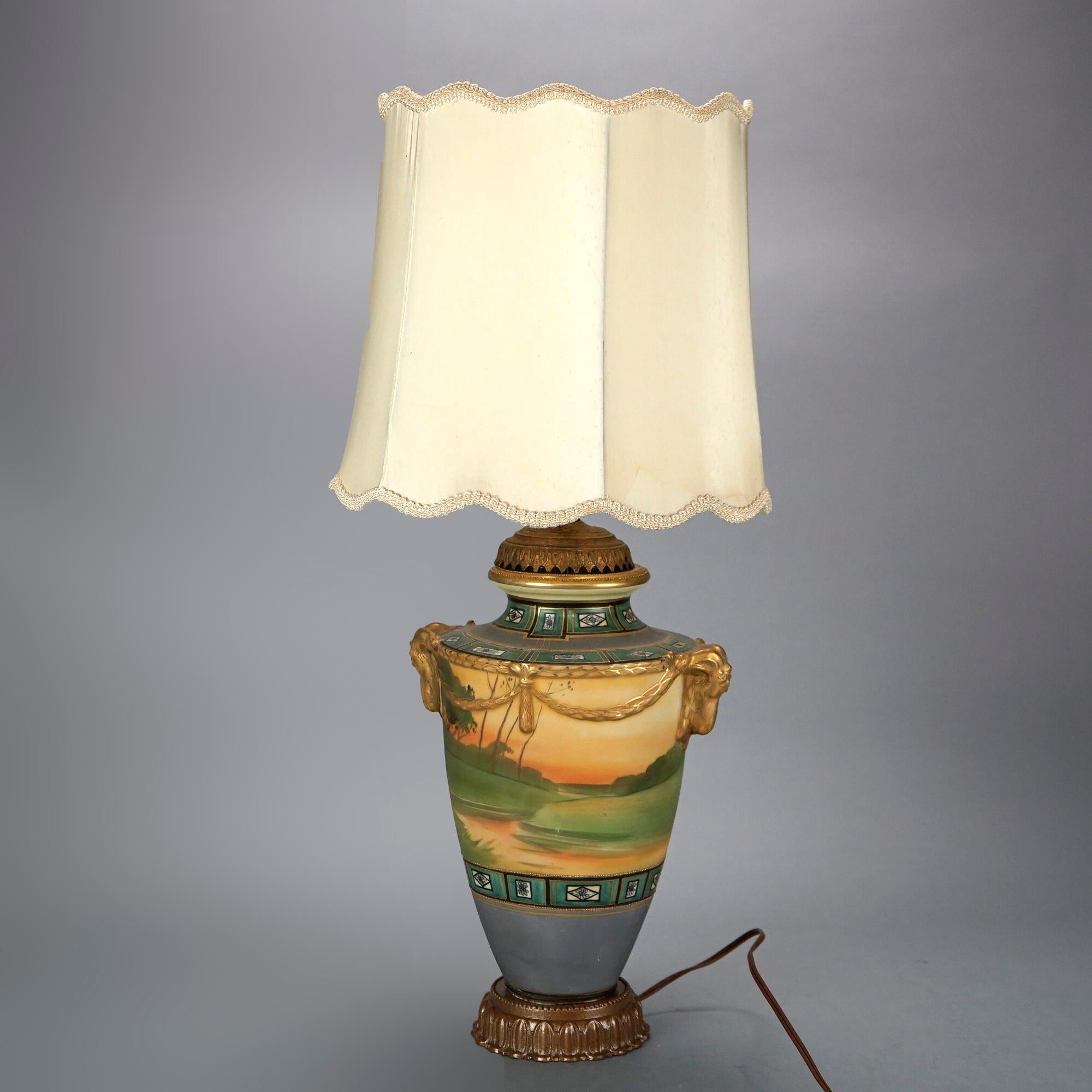 Antique Japanese Nippon Scenic Hand Painted & Gilt Porcelain Figural Lamp, c1920 1