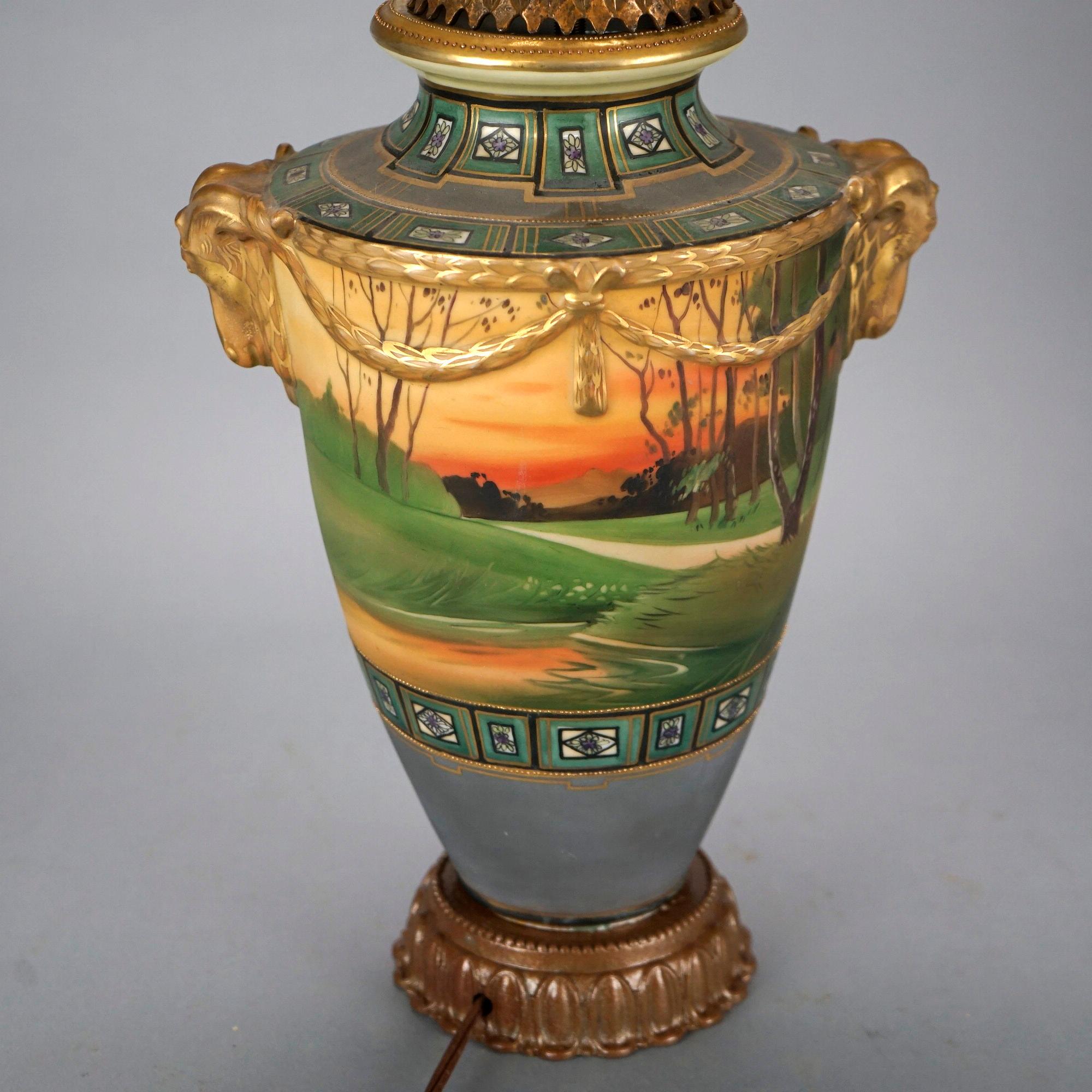 Antique Japanese Nippon Scenic Hand Painted & Gilt Porcelain Figural Lamp, c1920 2