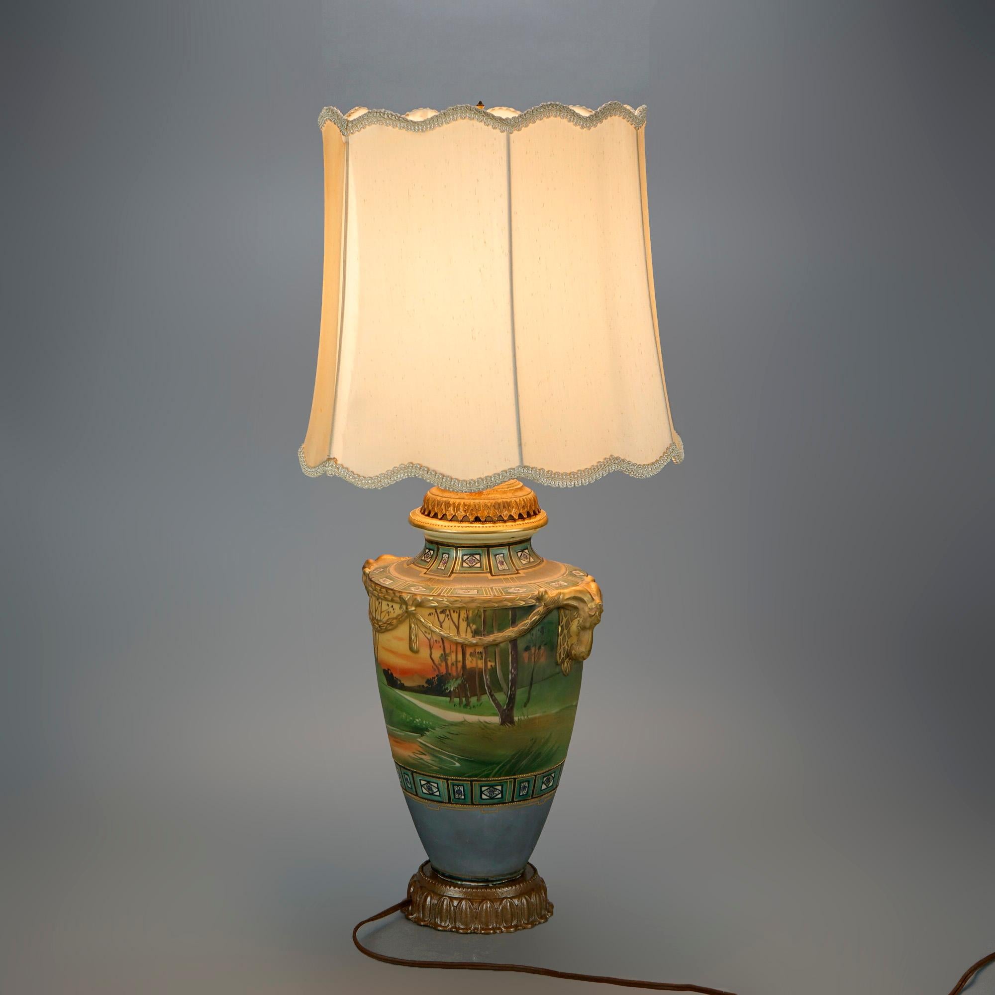 Antique Japanese Nippon Scenic Hand Painted & Gilt Porcelain Figural Lamp, c1920 3
