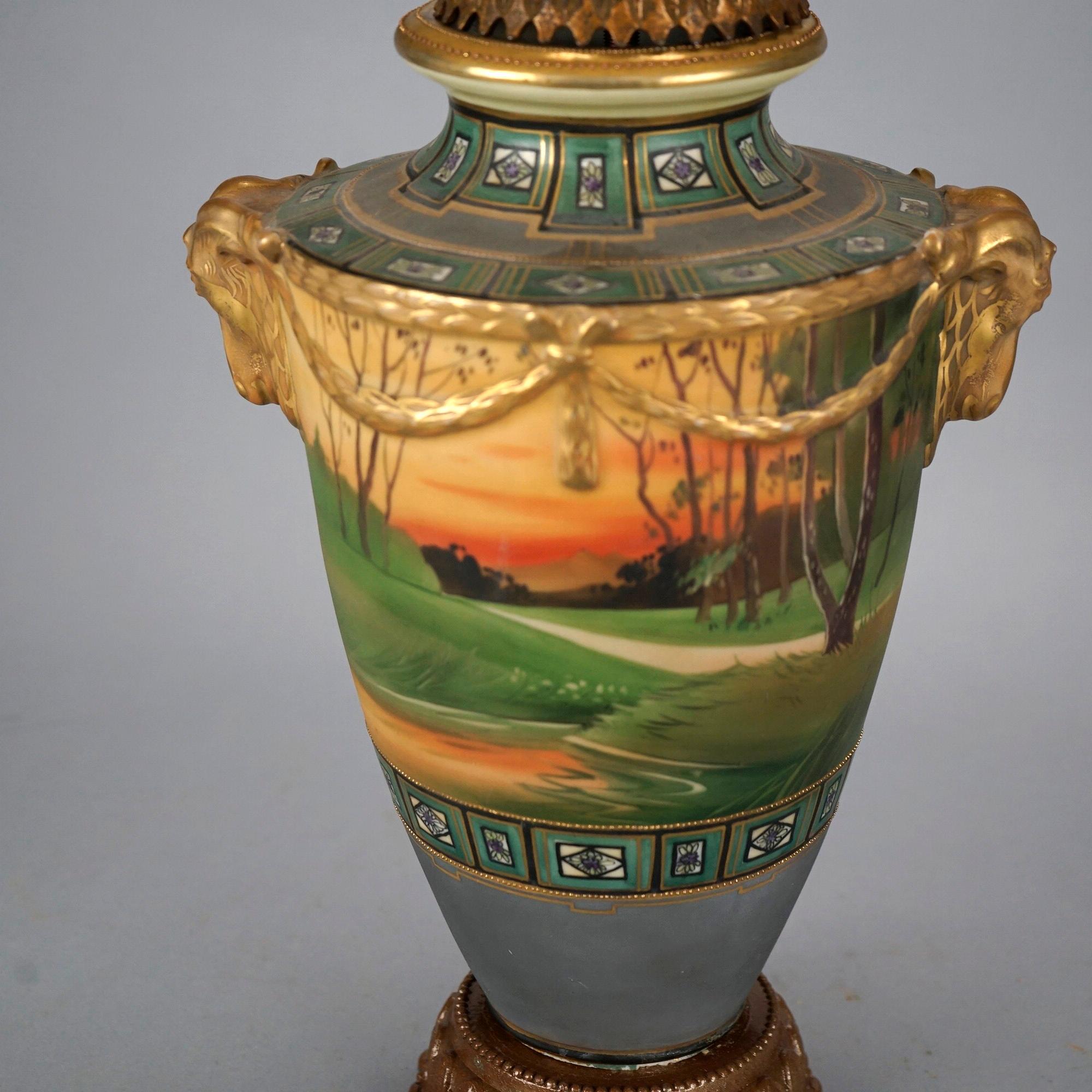 Antique Japanese Nippon Scenic Hand Painted & Gilt Porcelain Figural Lamp, c1920 4