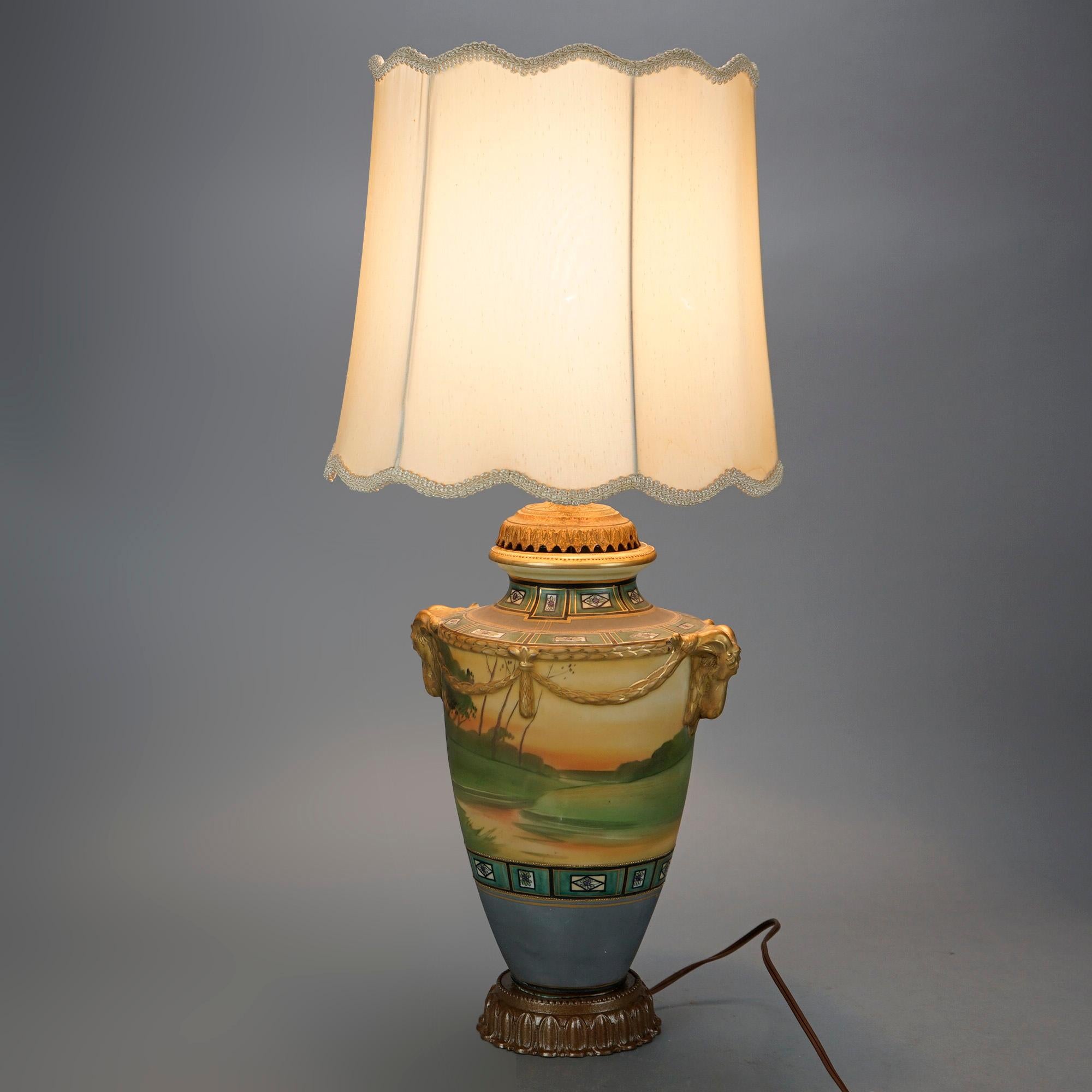 Antique Japanese Nippon Scenic Hand Painted & Gilt Porcelain Figural Lamp, c1920 5