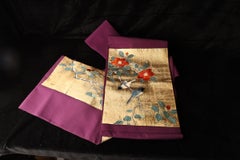 Antique Japanese Obi Textile Panel with Birds and Camellia Flowers, Meiji Period