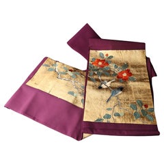 Antique Japanese Obi Textile Panel with Birds and Camellia Flowers, Meiji Period