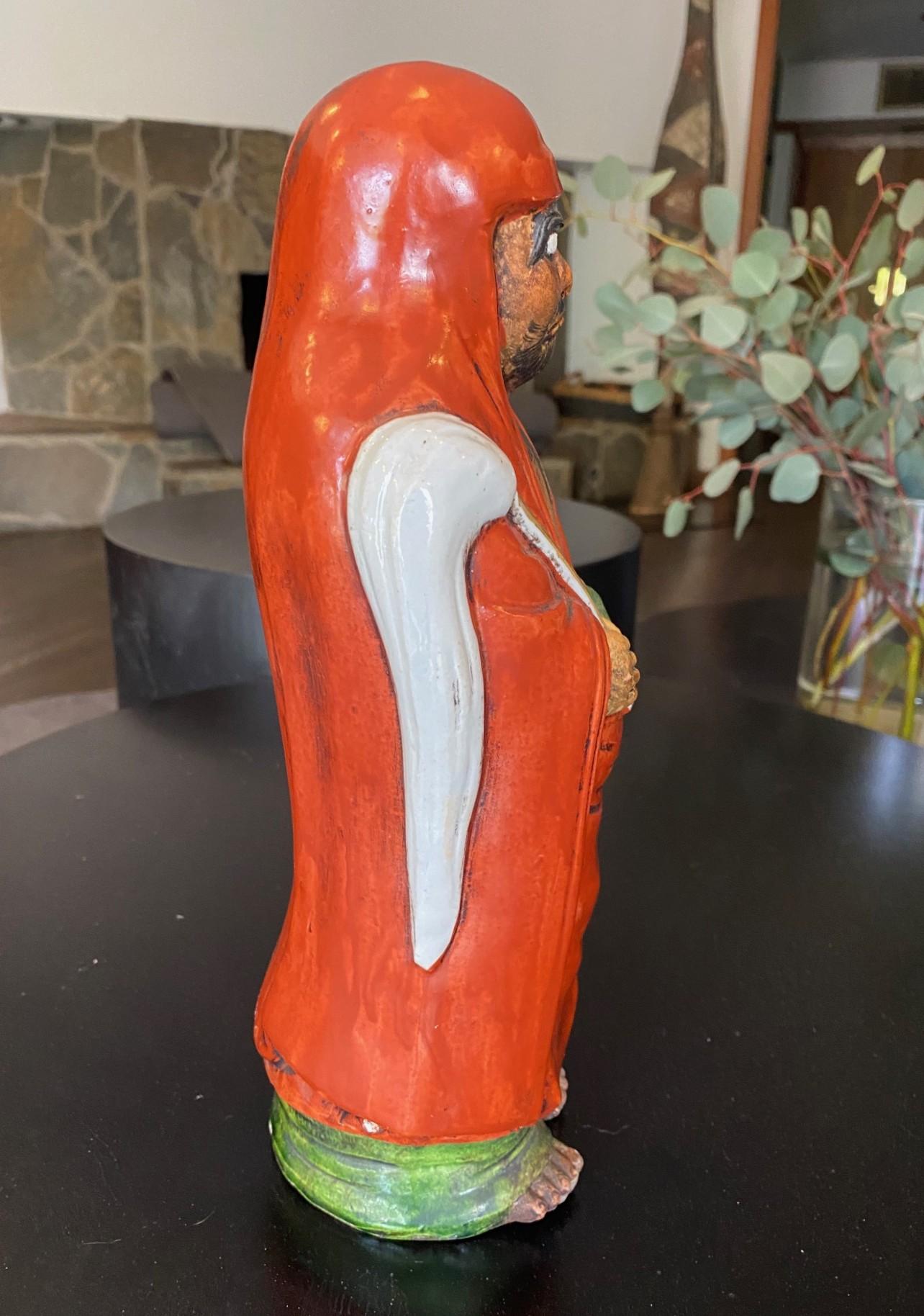 Antique Japanese Okimono Kutani Red-Robed Bodhidharma Monk Daruma Figure Statue For Sale 4