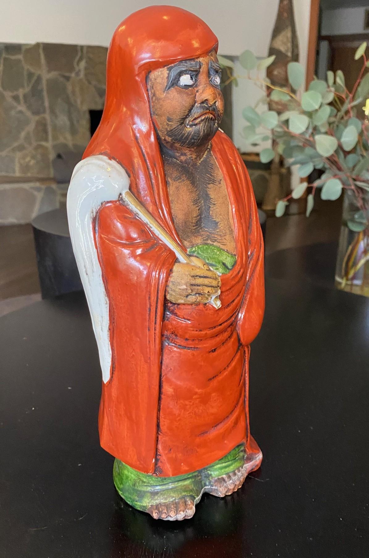 Antique Japanese Okimono Kutani Red-Robed Bodhidharma Monk Daruma Figure Statue For Sale 6