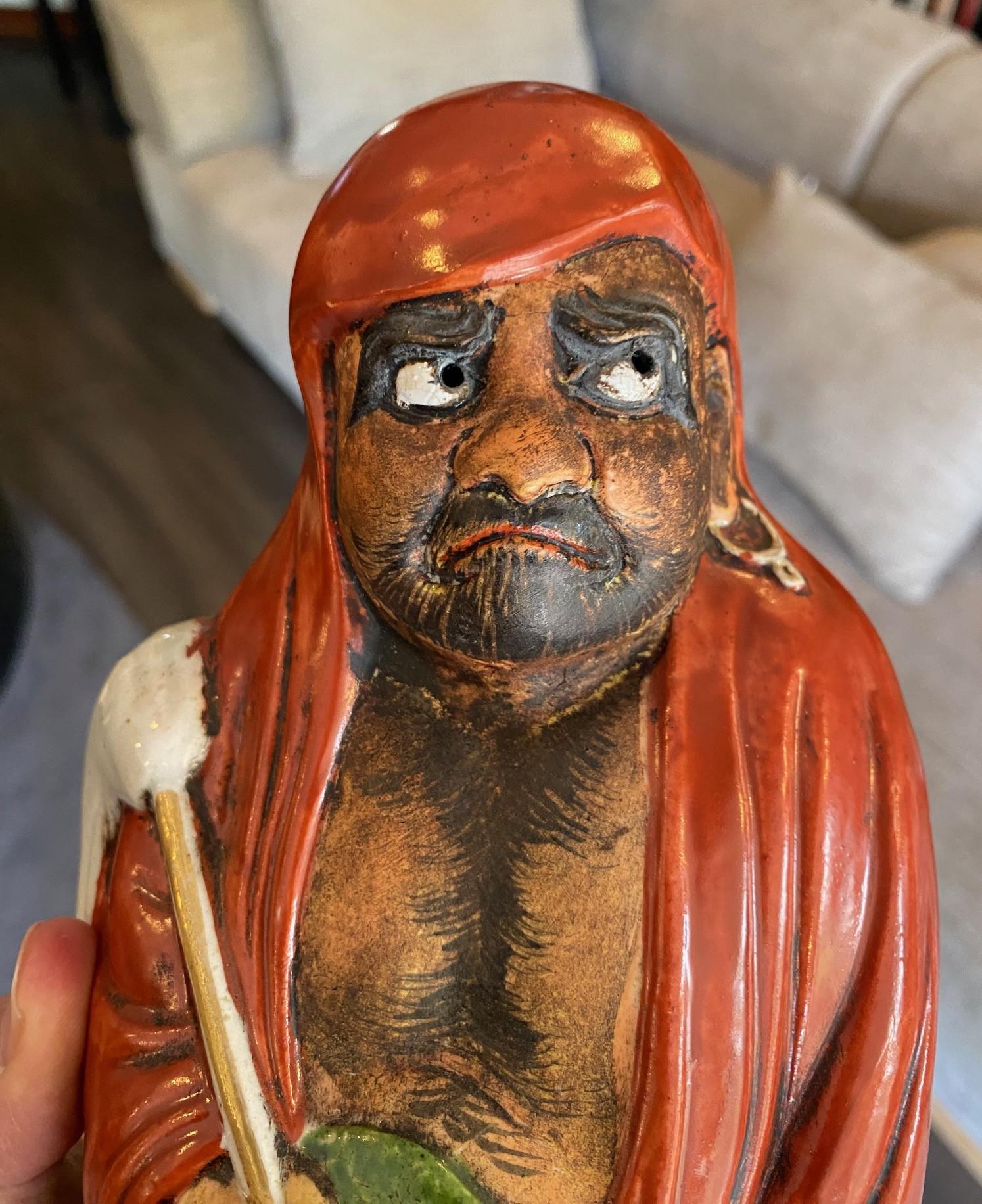 Antique Japanese Okimono Kutani Red-Robed Bodhidharma Monk Daruma Figure Statue For Sale 8