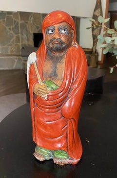 Antique Japanese Okimono Kutani Red-Robed Bodhidharma Monk Daruma Figure Statue