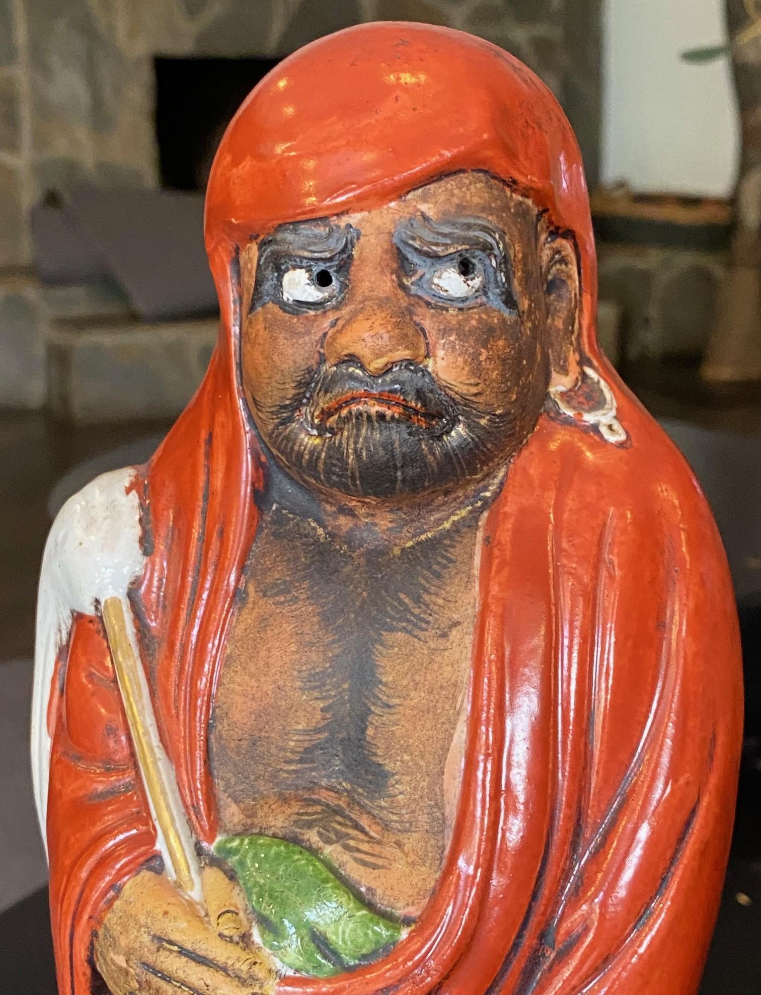 Showa Antique Japanese Okimono Kutani Red-Robed Bodhidharma Monk Daruma Figure Statue For Sale