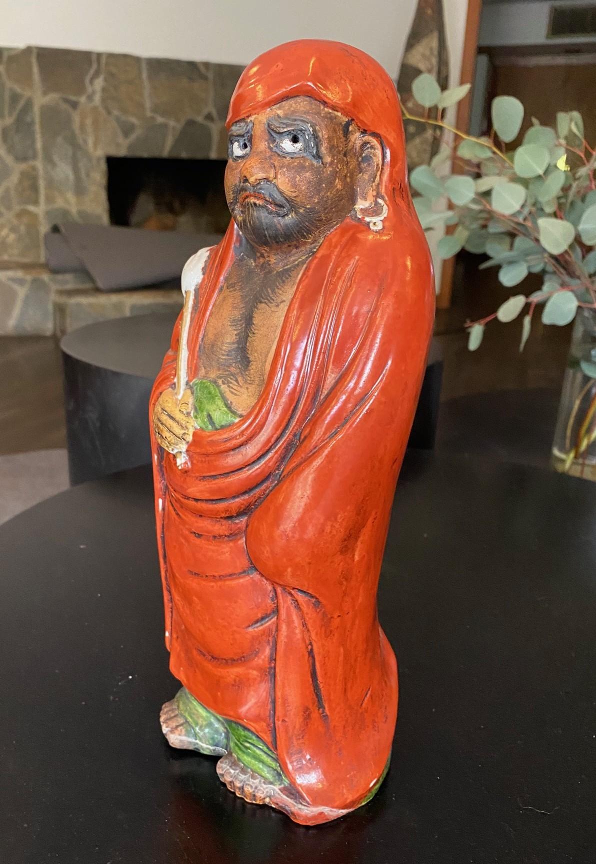 Porcelain Antique Japanese Okimono Kutani Red-Robed Bodhidharma Monk Daruma Figure Statue For Sale