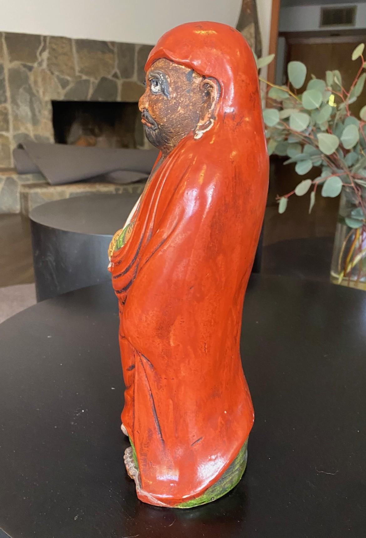 Antique Japanese Okimono Kutani Red-Robed Bodhidharma Monk Daruma Figure Statue For Sale 1