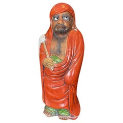 Antique Japanese Okimono Kutani Red-Robed Bodhidharma Monk Daruma Figure Statue