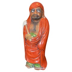 Antique Japanese Okimono Kutani Red-Robed Bodhidharma Monk Daruma Figure Statue